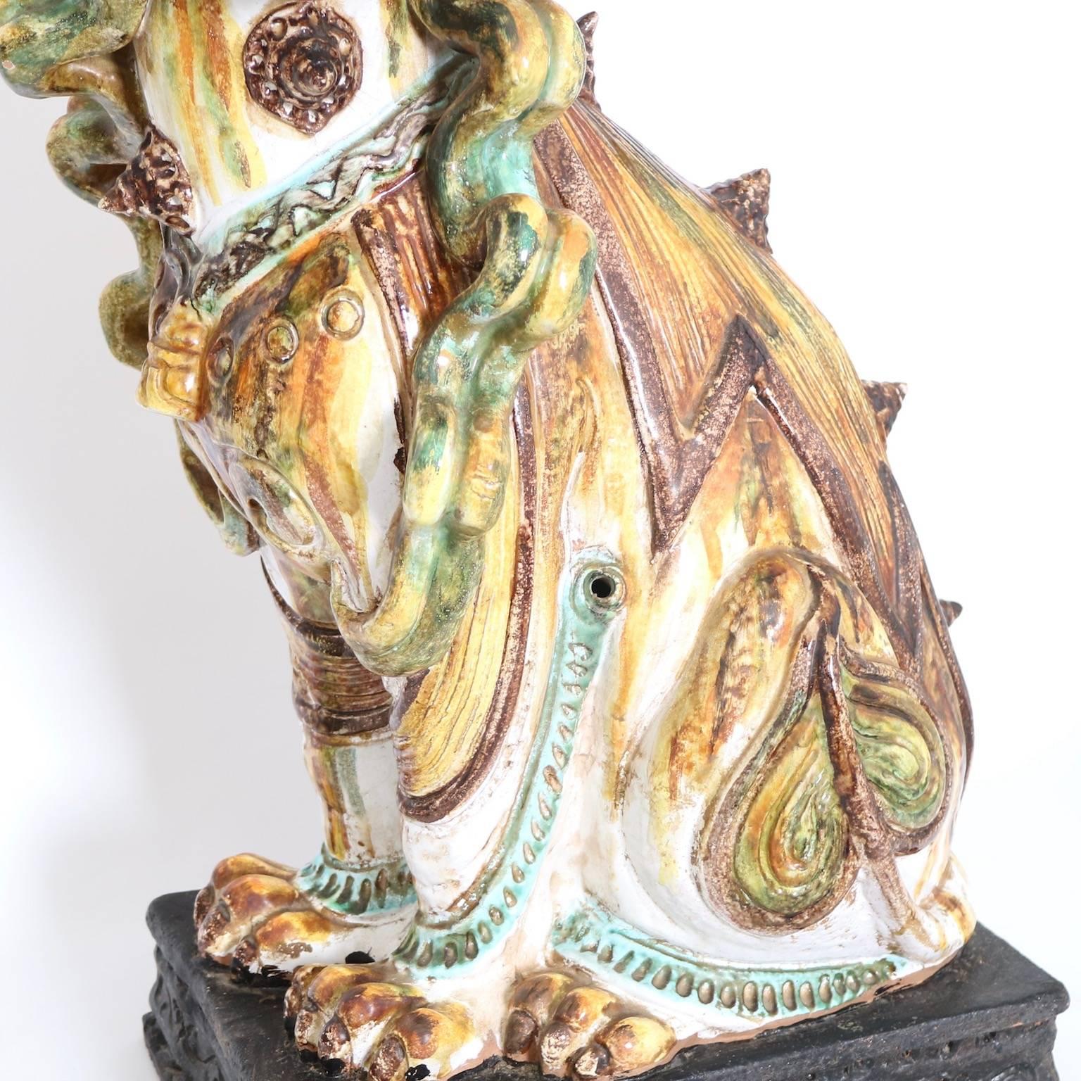 Terracotta Pair of Hollywood Regency Italian Majolica Foo Dogs