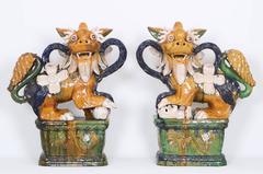Pair of Early 20th Century Majolica Foo Dogs