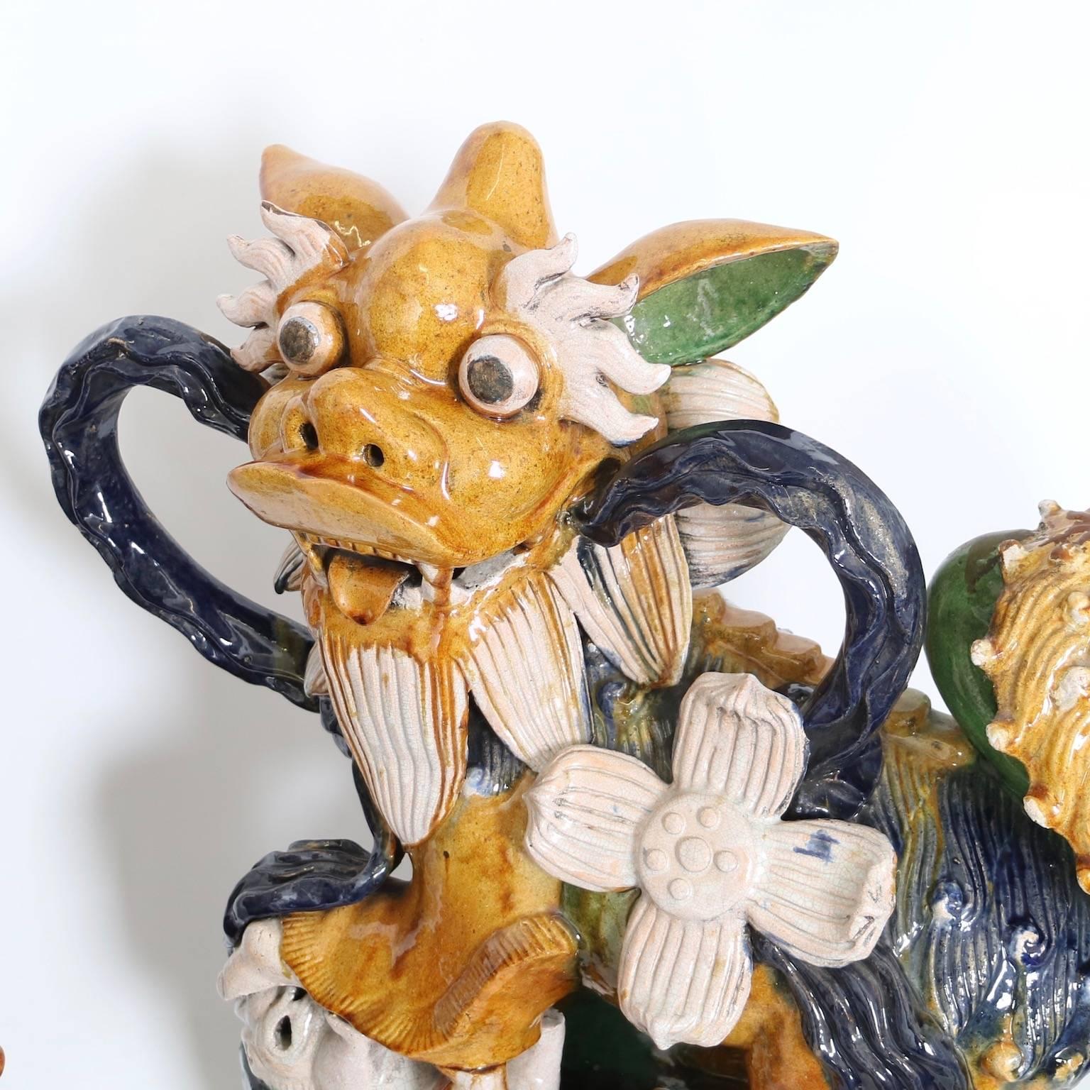 Pair of Early 20th Century Majolica Foo Dogs 1