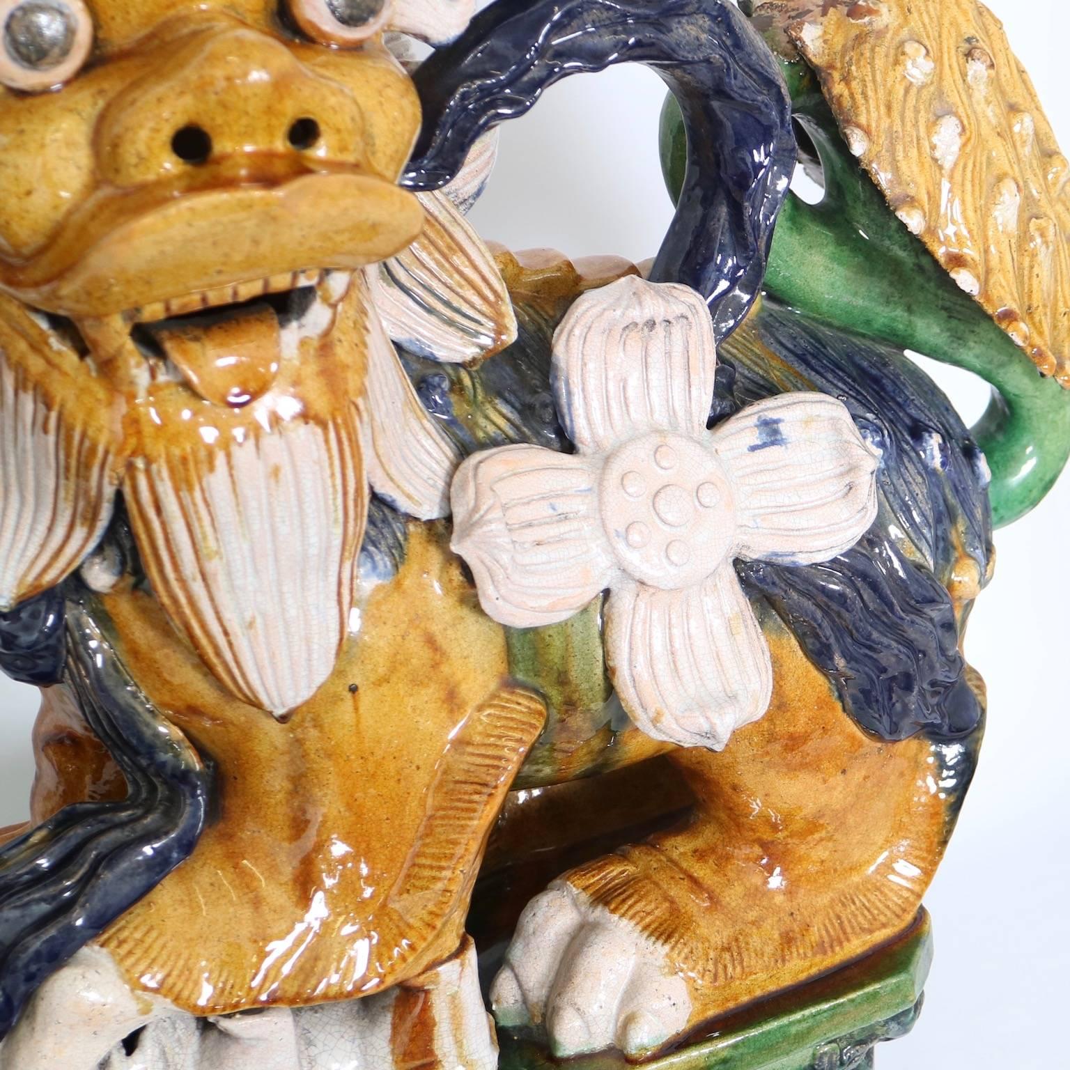 Pair of Early 20th Century Majolica Foo Dogs 3
