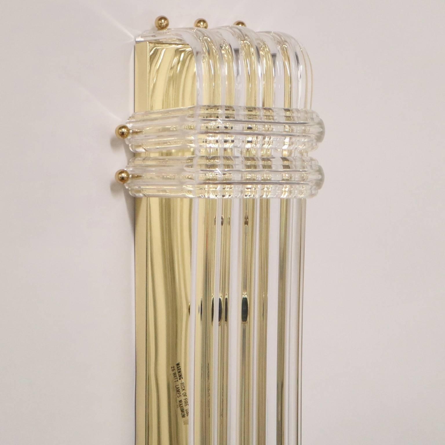 American Pair of Mid-Century Modern Lucite Ribbon Sconces on Brass