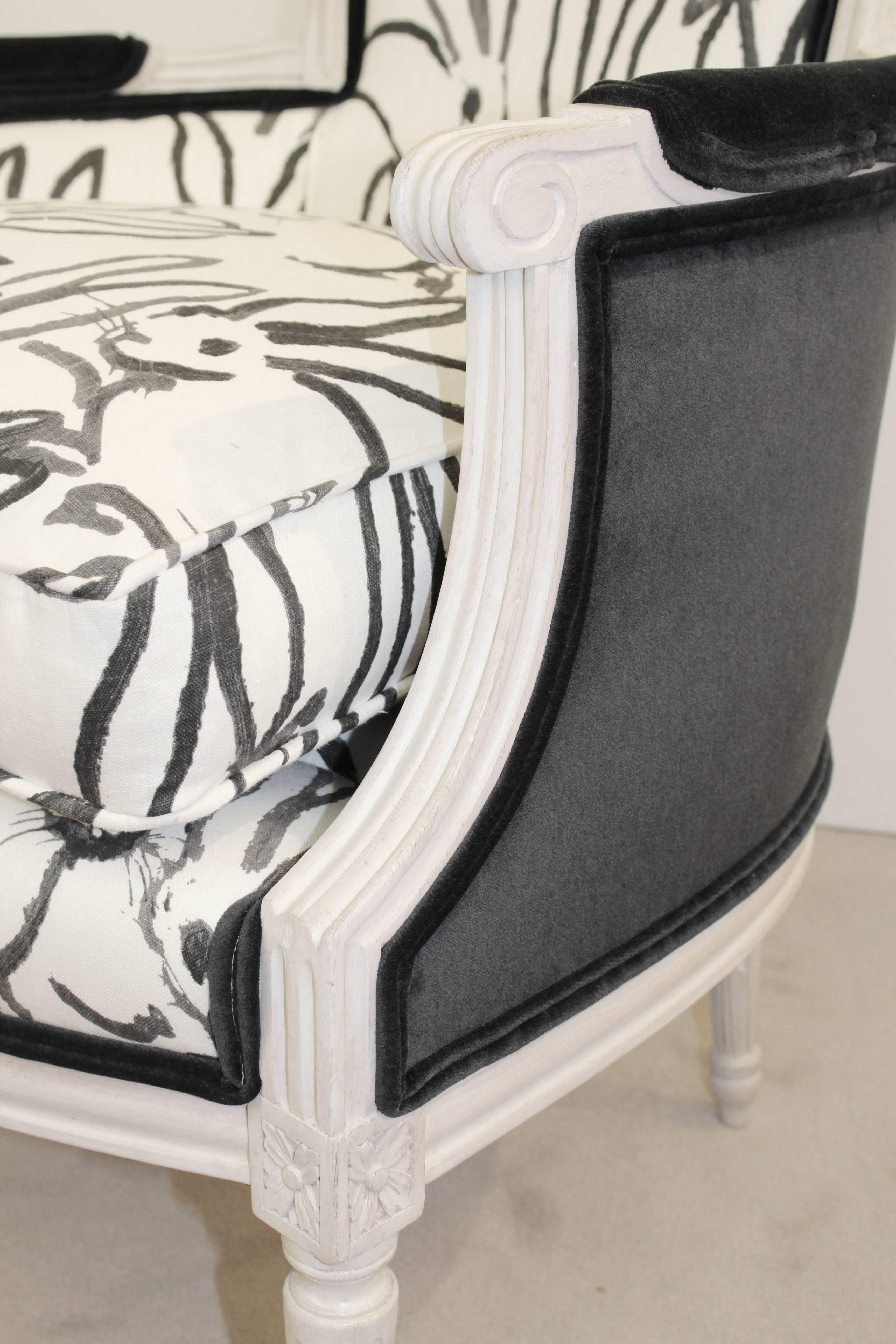Painted Pair of French Hollywood Regency Bergeres with Hunt Slonem 'Bunnies' Fabric