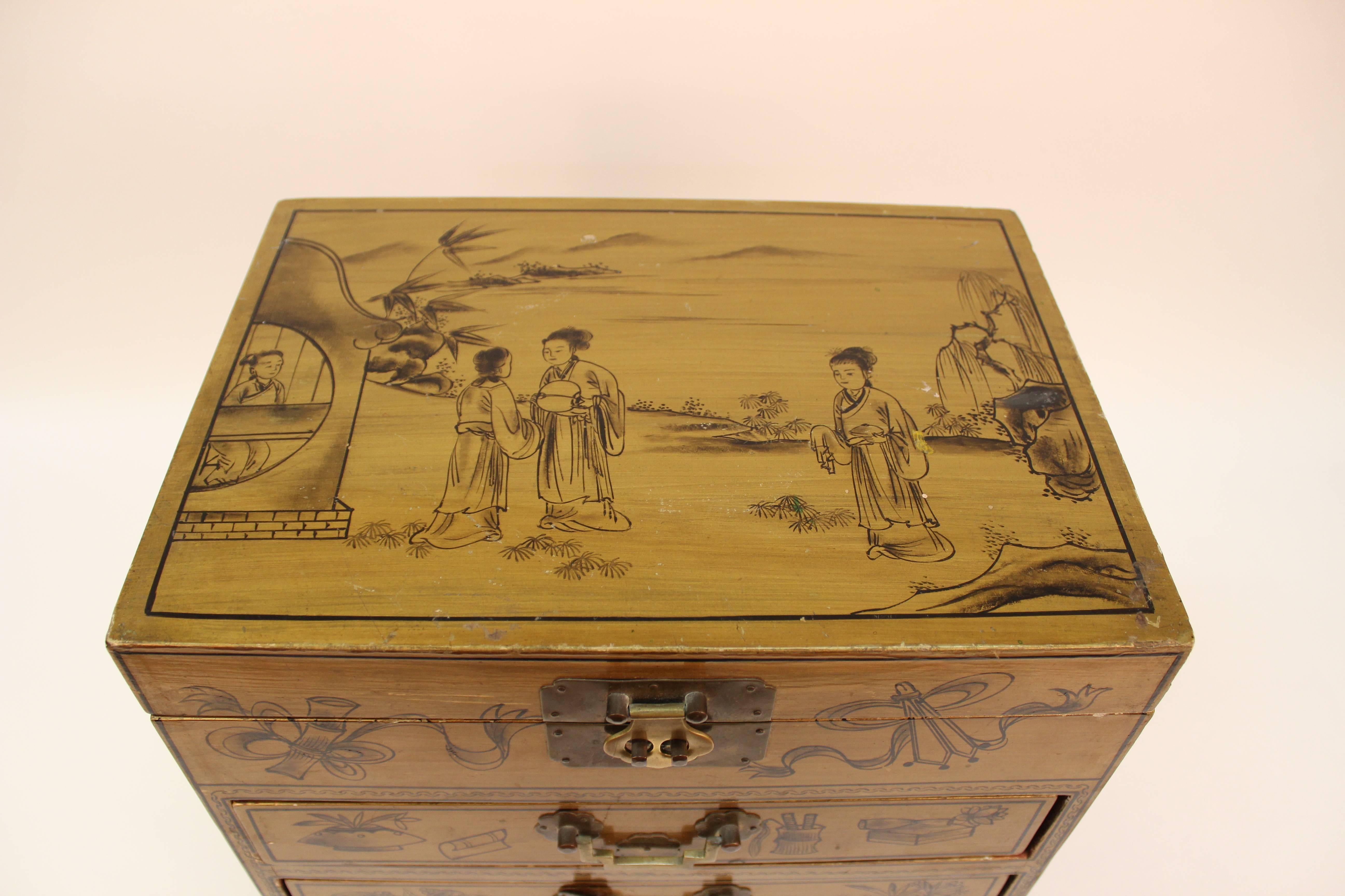 20th Century Chinoiserie Chest with Landscape and Symbols of Good Fortune