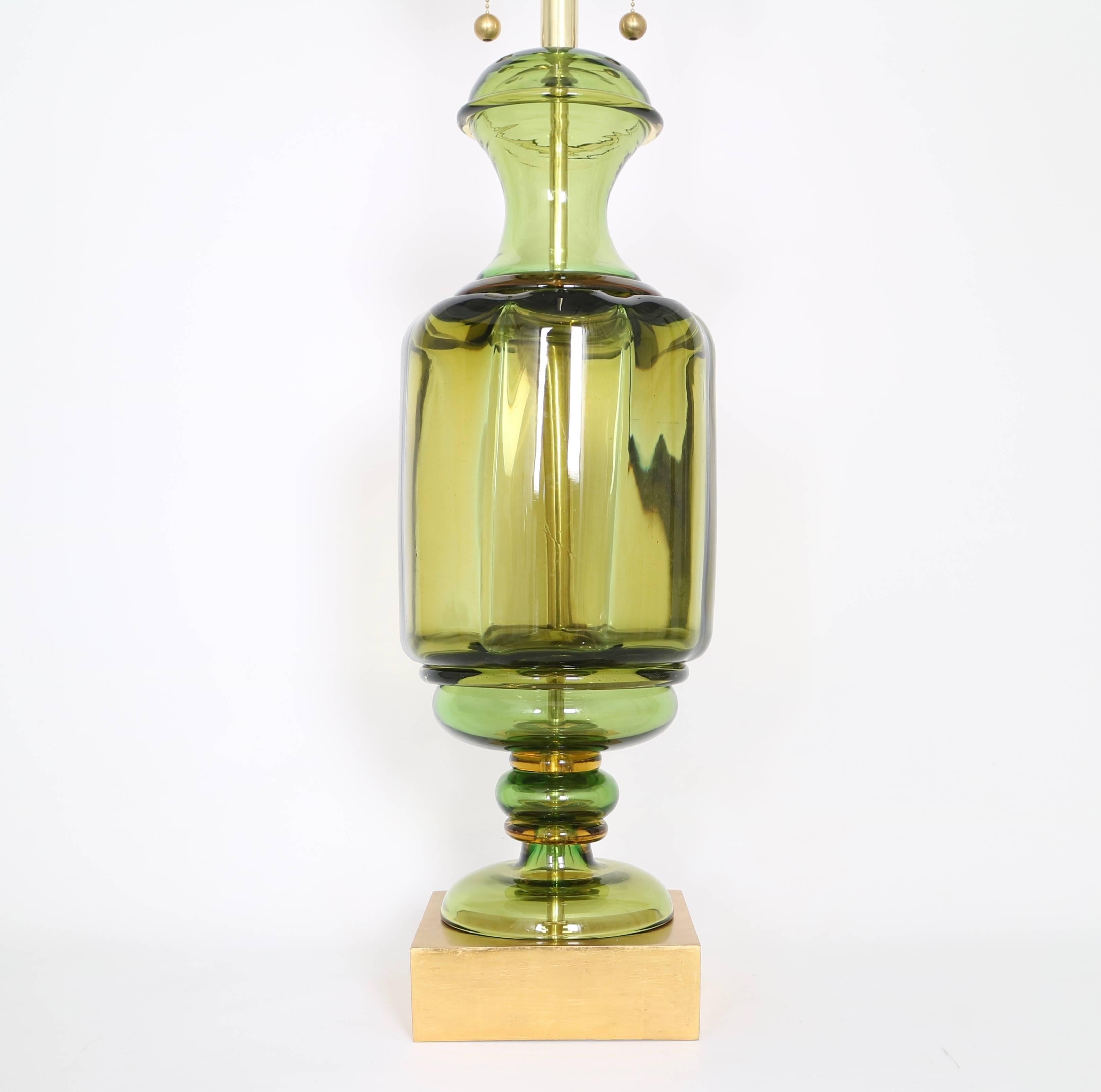 Gilt Marbro Green Murano Glass Urn Lamp by Seguso