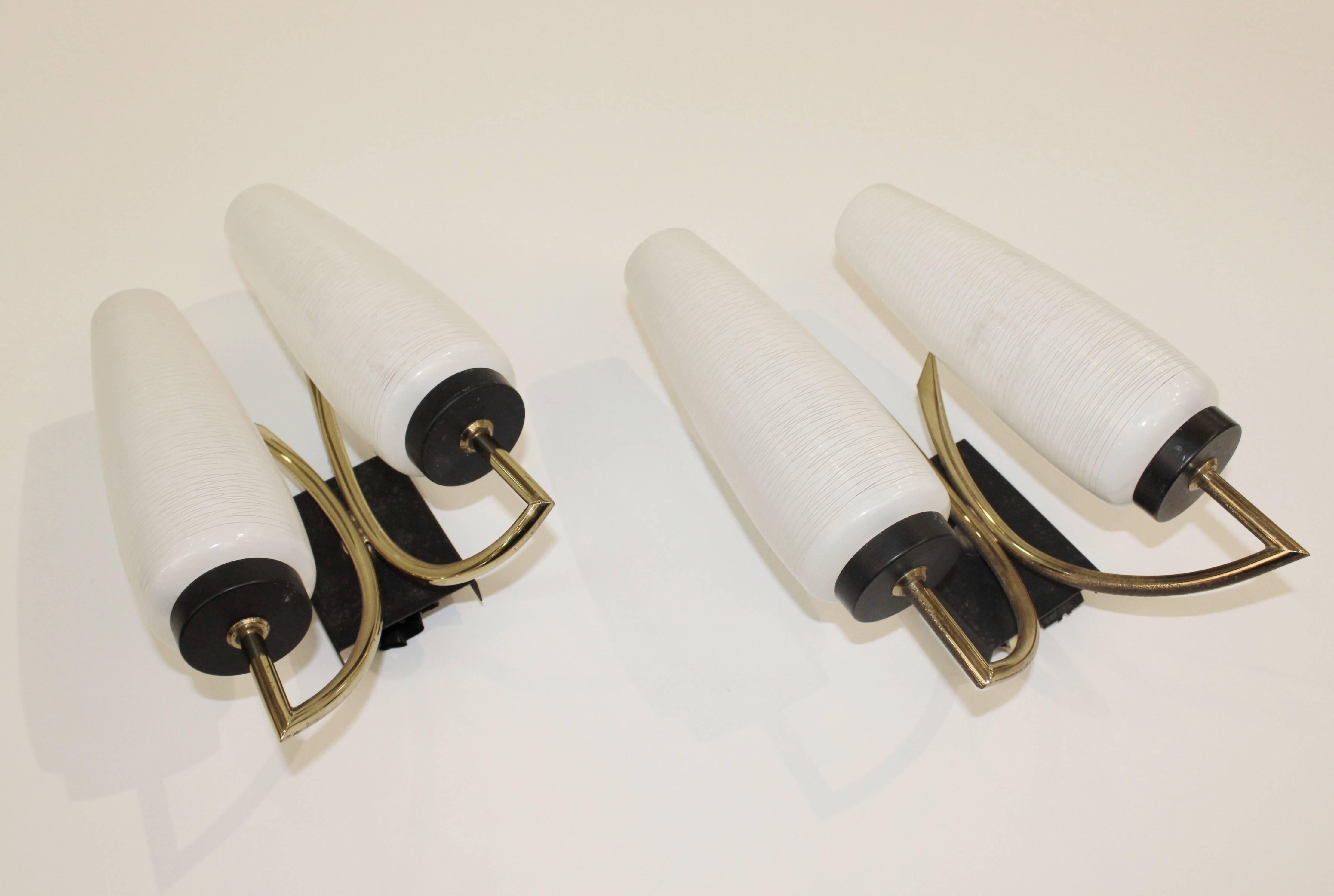 Mid-Century Modern Pair of Brass and Enamel Dual Light Sconces with Glass Tulip Shades
