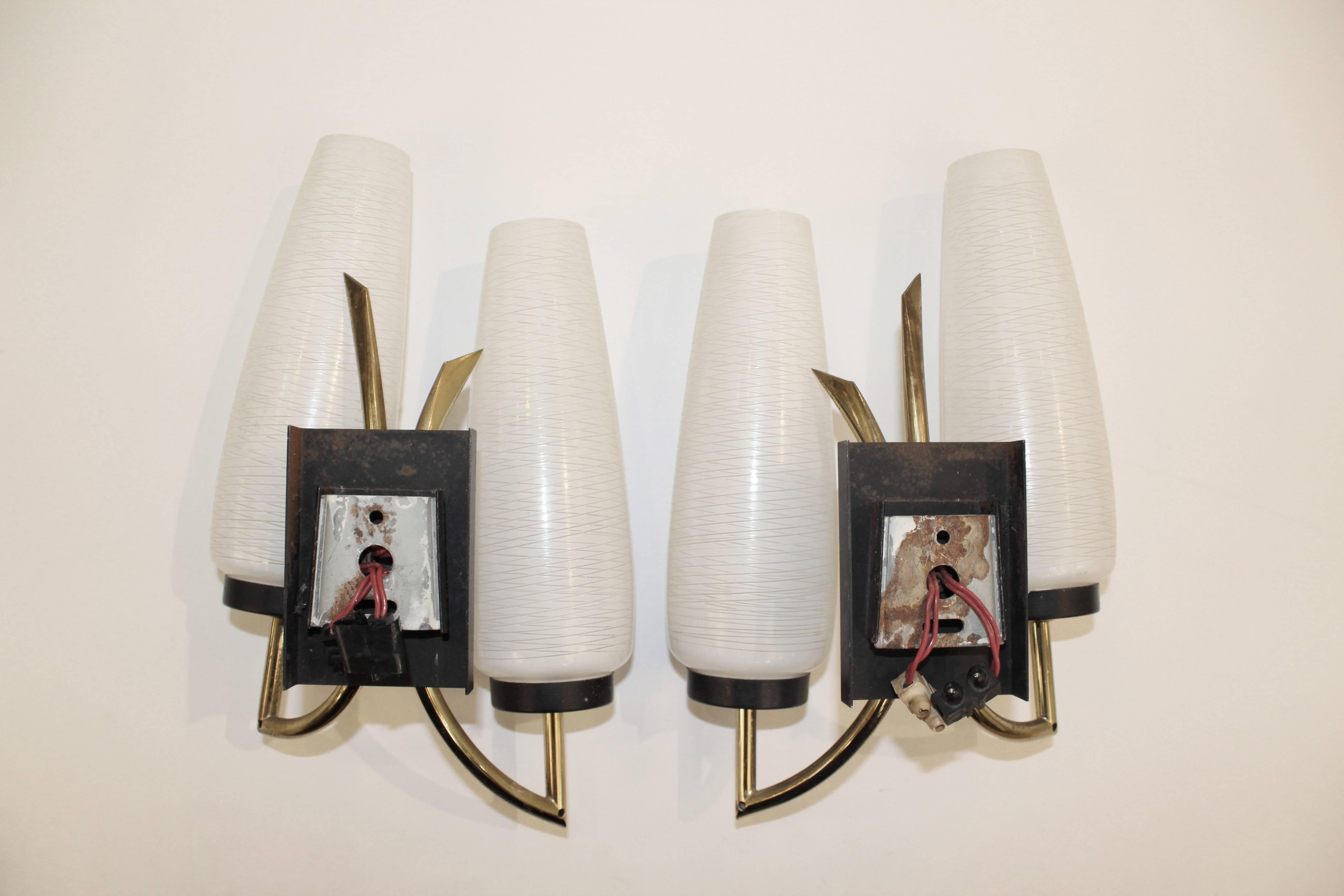 Mid-20th Century Pair of Brass and Enamel Dual Light Sconces with Glass Tulip Shades