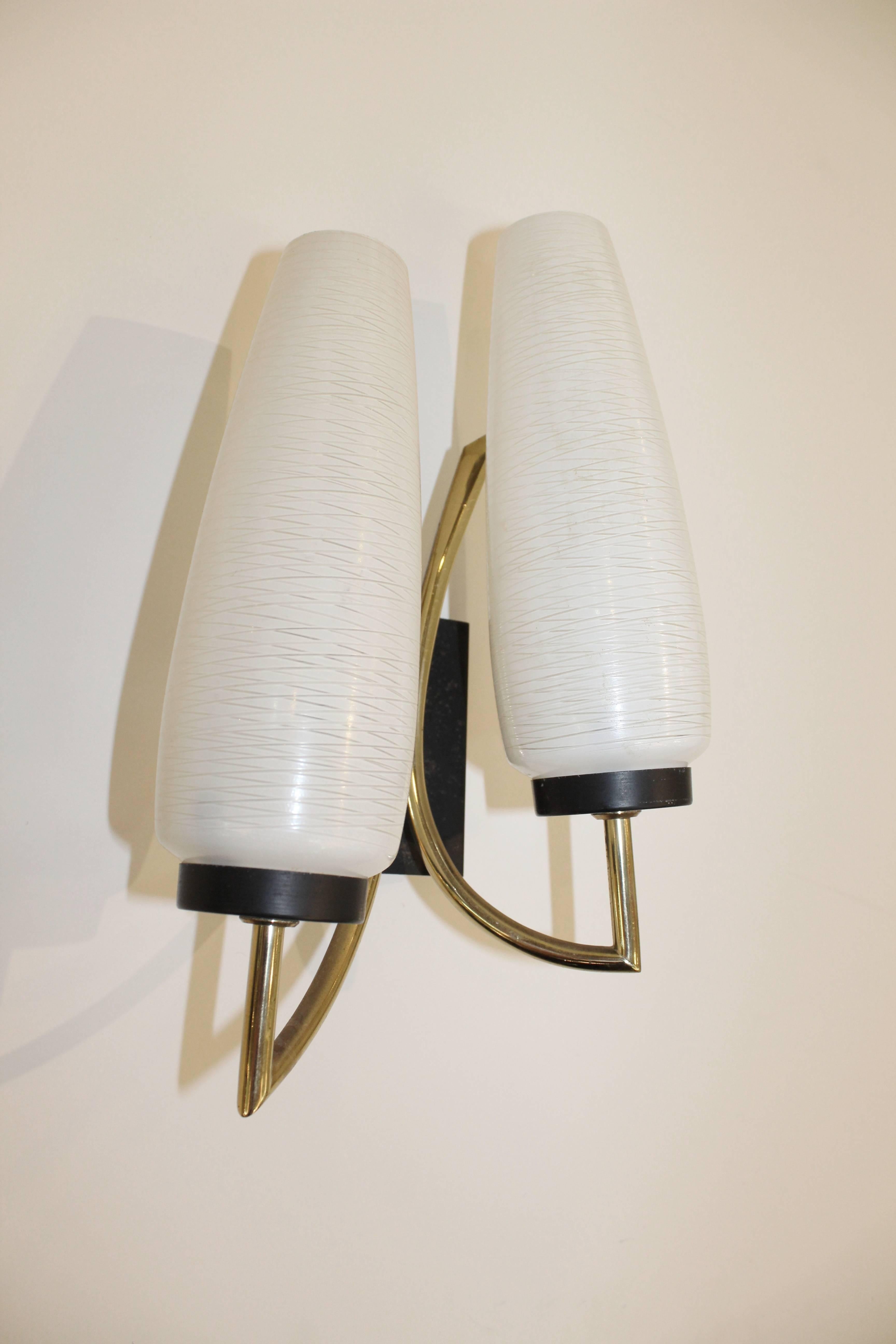 Pair of Brass and Enamel Dual Light Sconces with Glass Tulip Shades In Excellent Condition In New York, NY