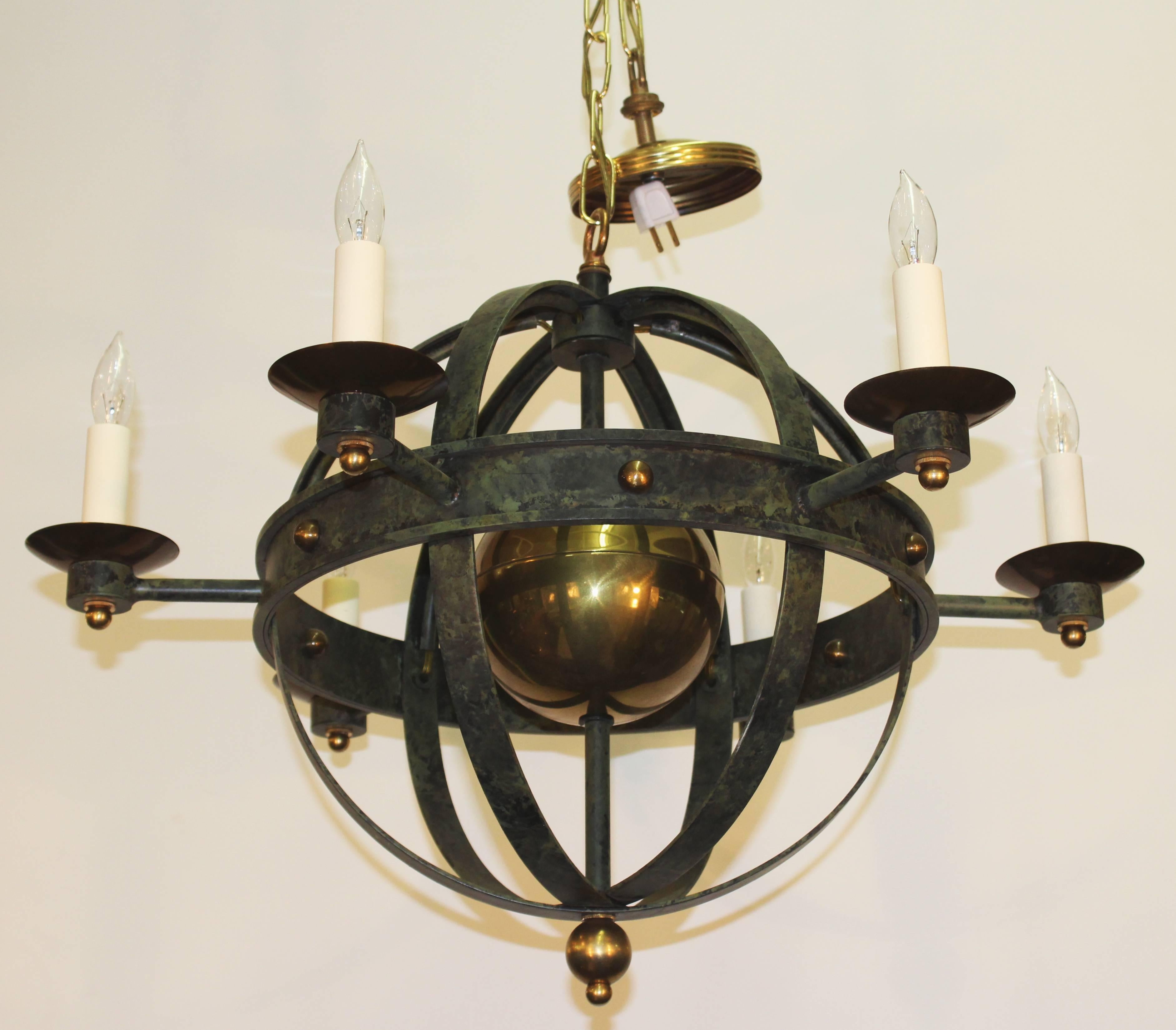 Mid-Century Modern Orbit Form Spherical Globe Chandelier in Verdigris Metal and Brass