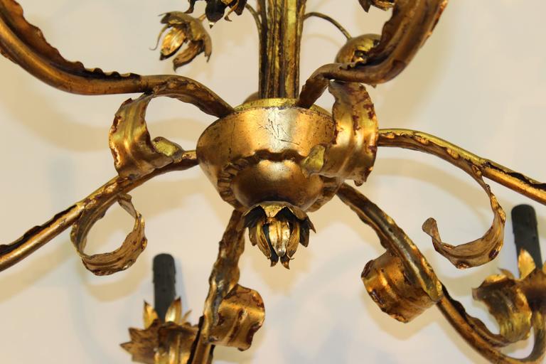 Tole Chandelier with Gilt Floral Detail and Faux Black Candles at