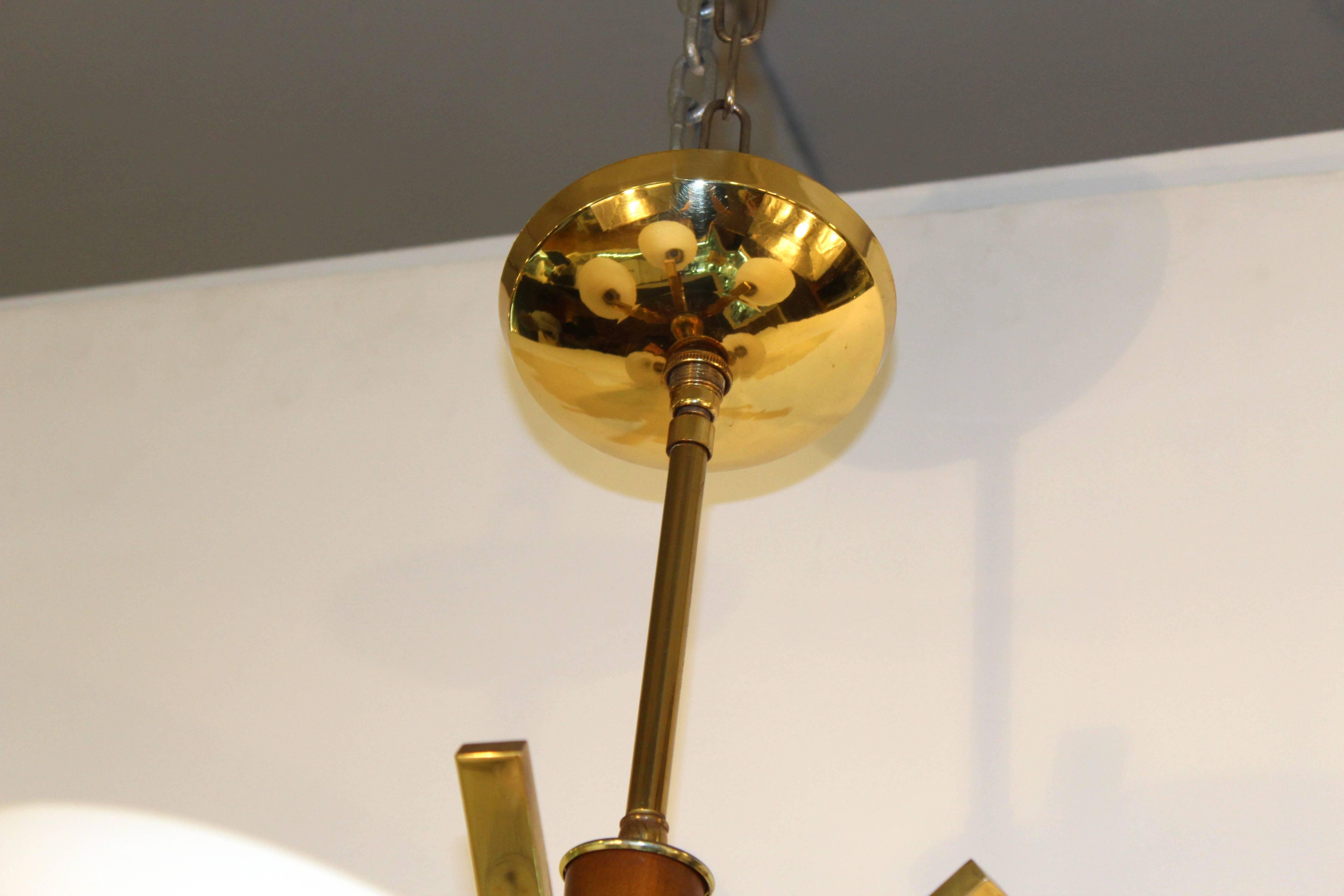 Modern Brass Five-Light Chandelier with Teak Details 1