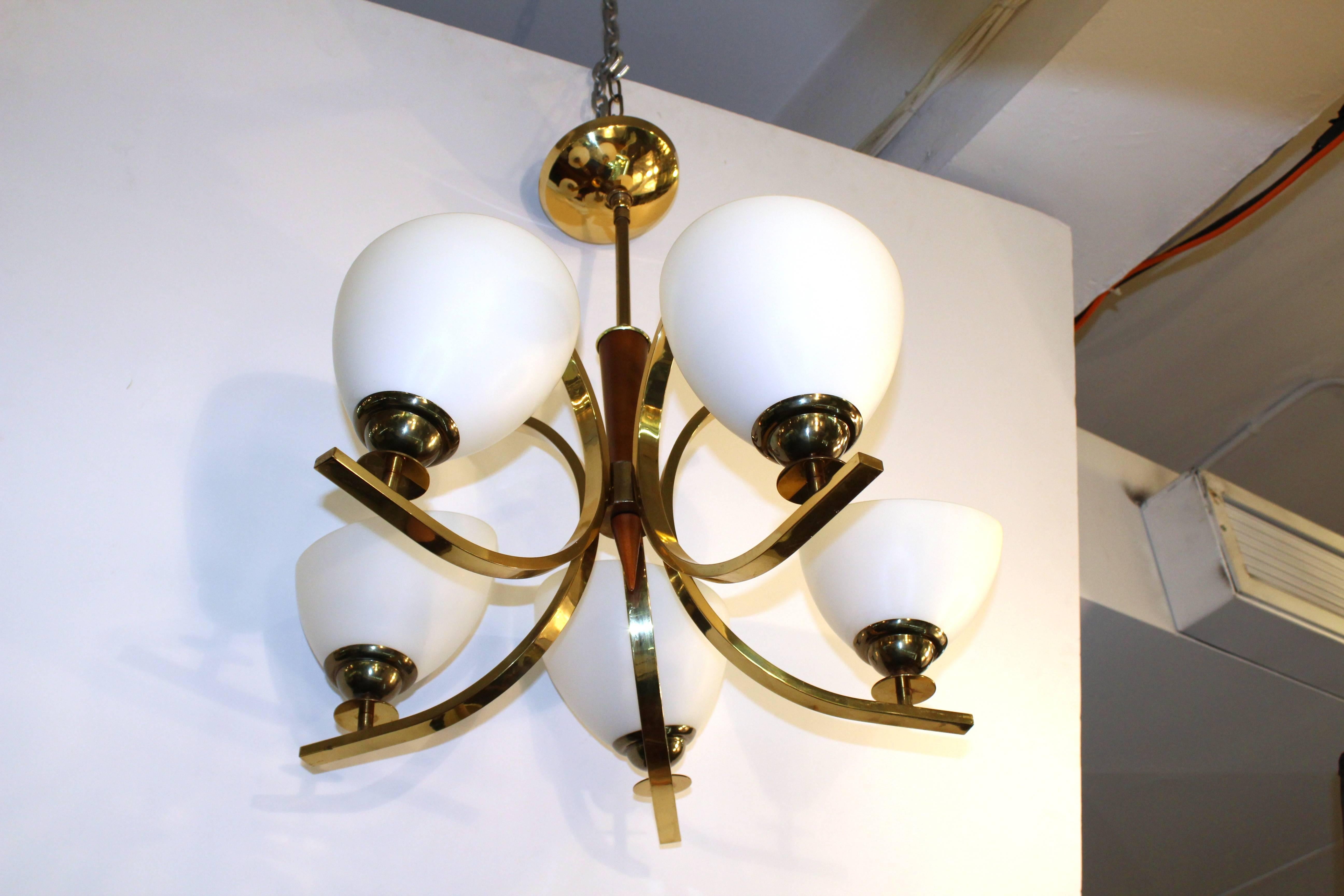 Mid-Century Modern Modern Brass Five-Light Chandelier with Teak Details