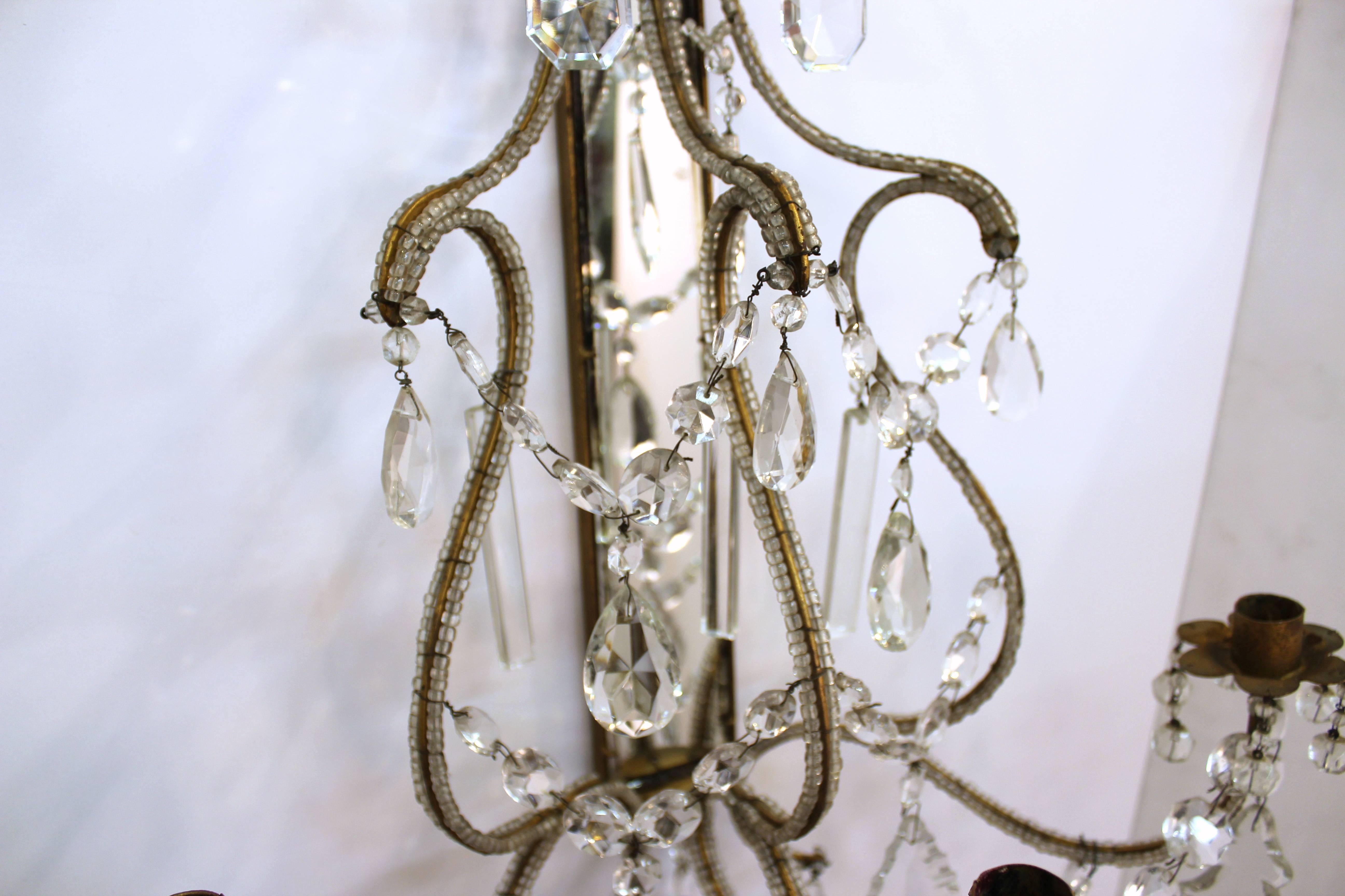 Pair of Hollywood Regency 1940s Mirrored Beaded and Crystal Sconces 1
