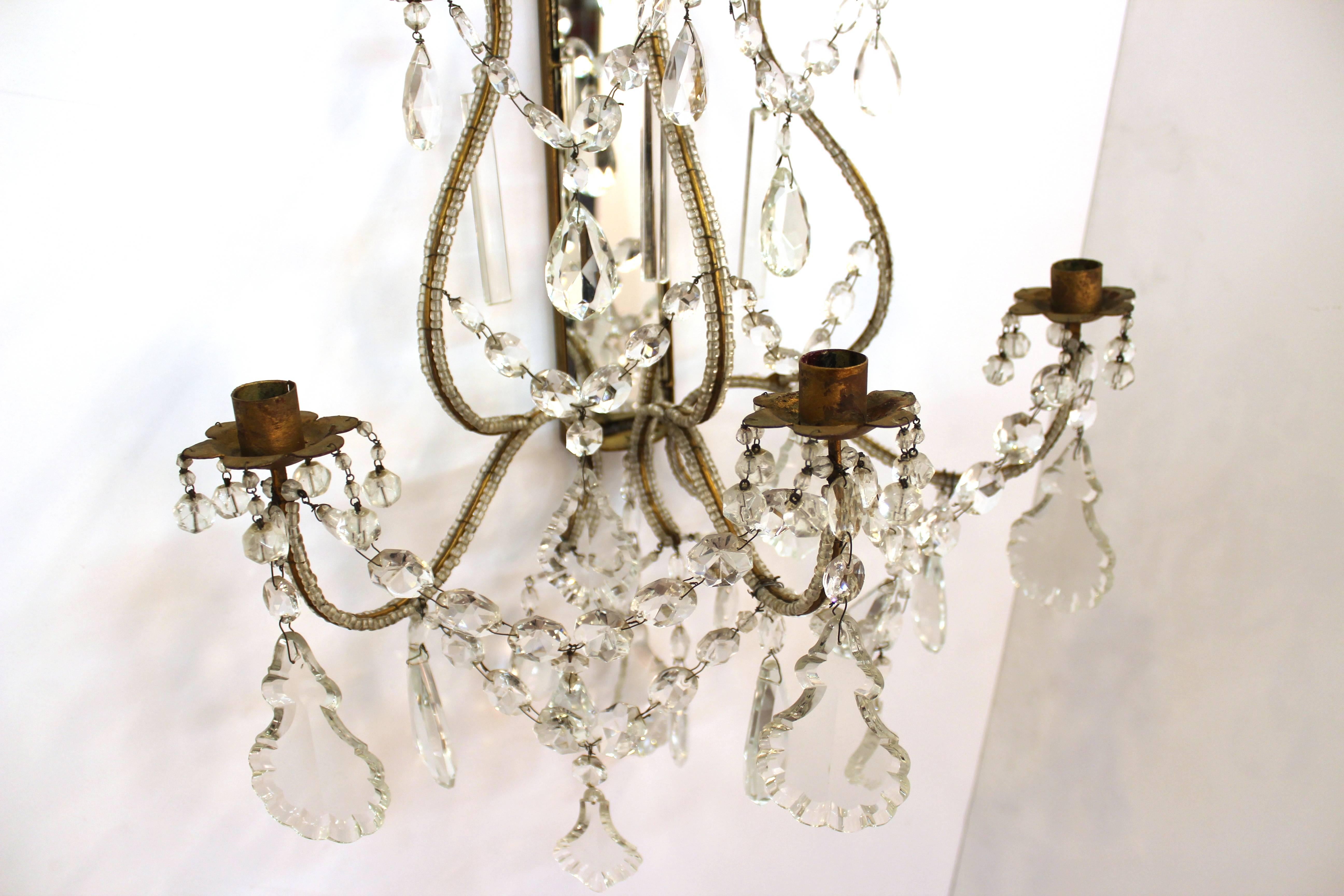 Pair of Hollywood Regency 1940s Mirrored Beaded and Crystal Sconces 3