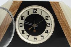 Art Deco Mantel Clock Set in Agate and Black Marble