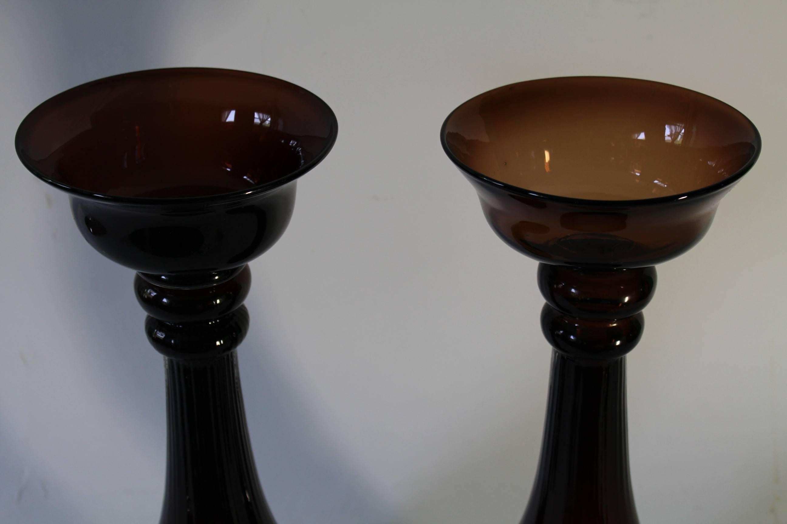 20th Century Pair of Mid-Century Modern Hand Blown Glass Baluster Candlesticks