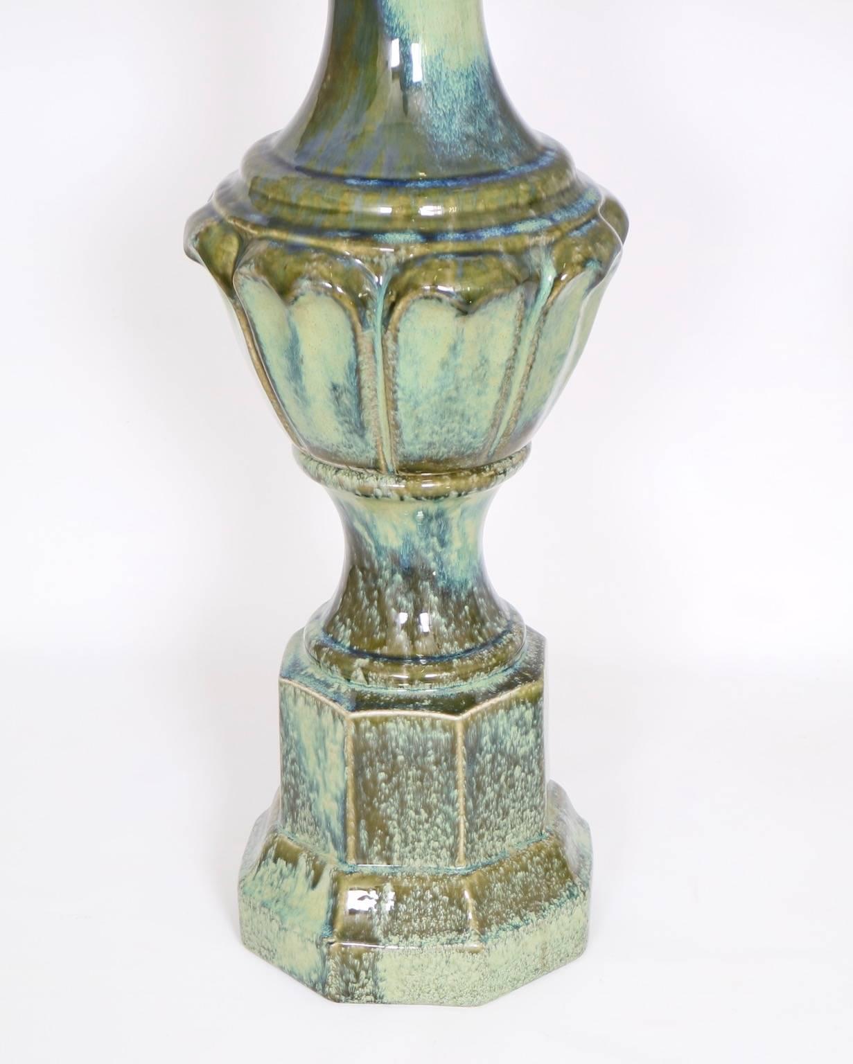 Glazed Pair of Mid-Century Majolica Style Porcelain Baluster Lamps