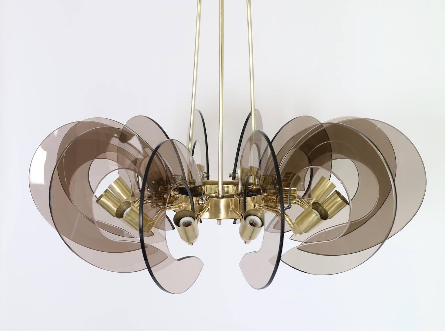 Restored Italian Chandelier in Brass and Smoked Glass Attributed to Fontana Arte 1