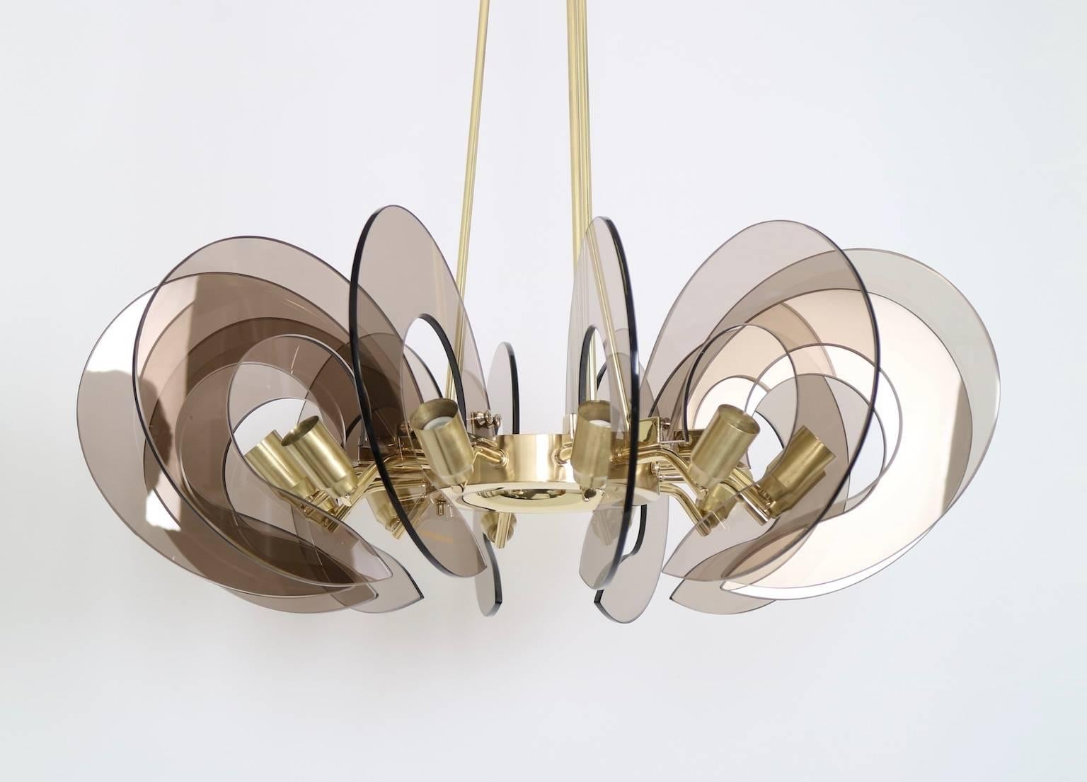 Restored Italian Chandelier in Brass and Smoked Glass Attributed to Fontana Arte 2