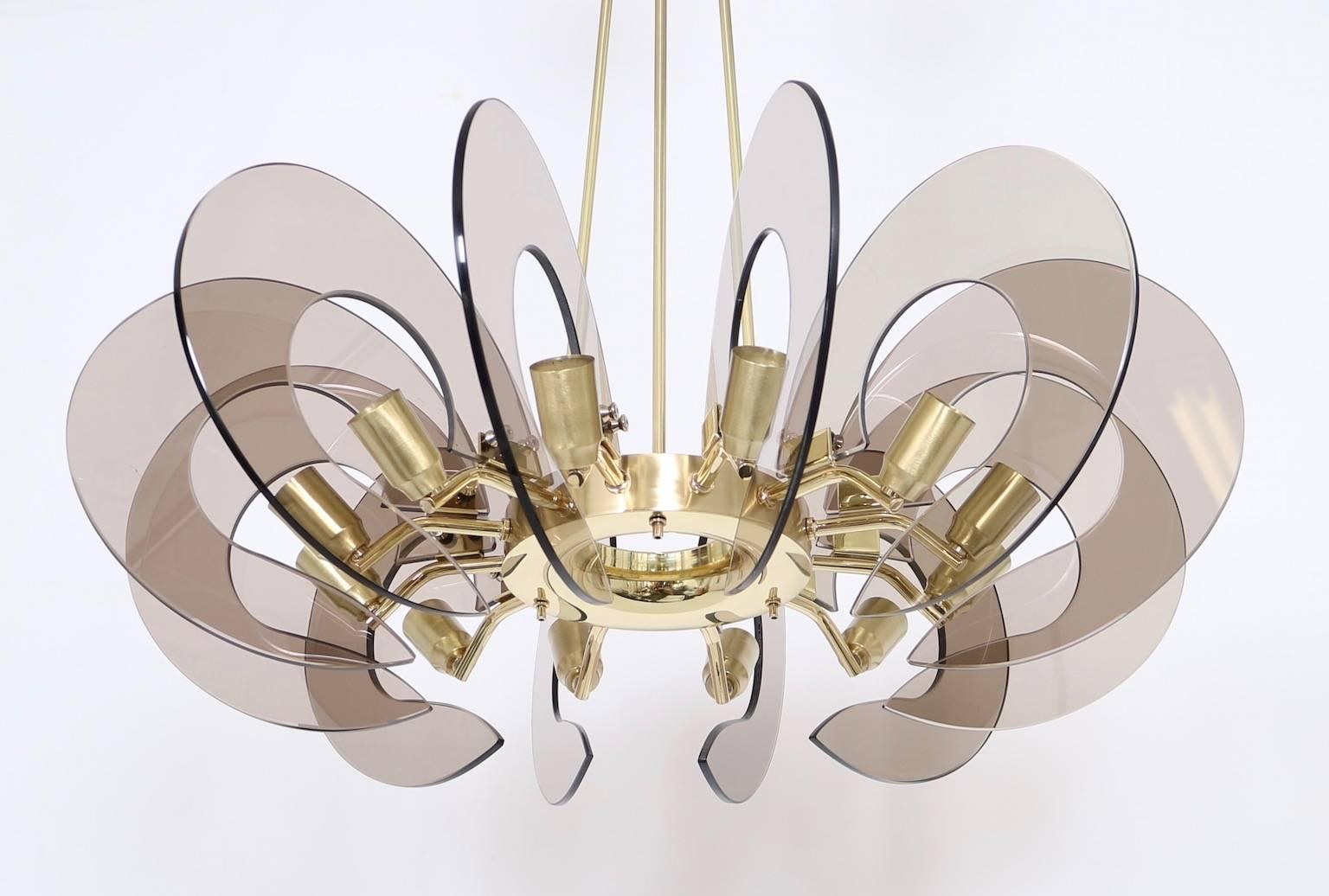 Restored Italian Chandelier in Brass and Smoked Glass Attributed to Fontana Arte 3