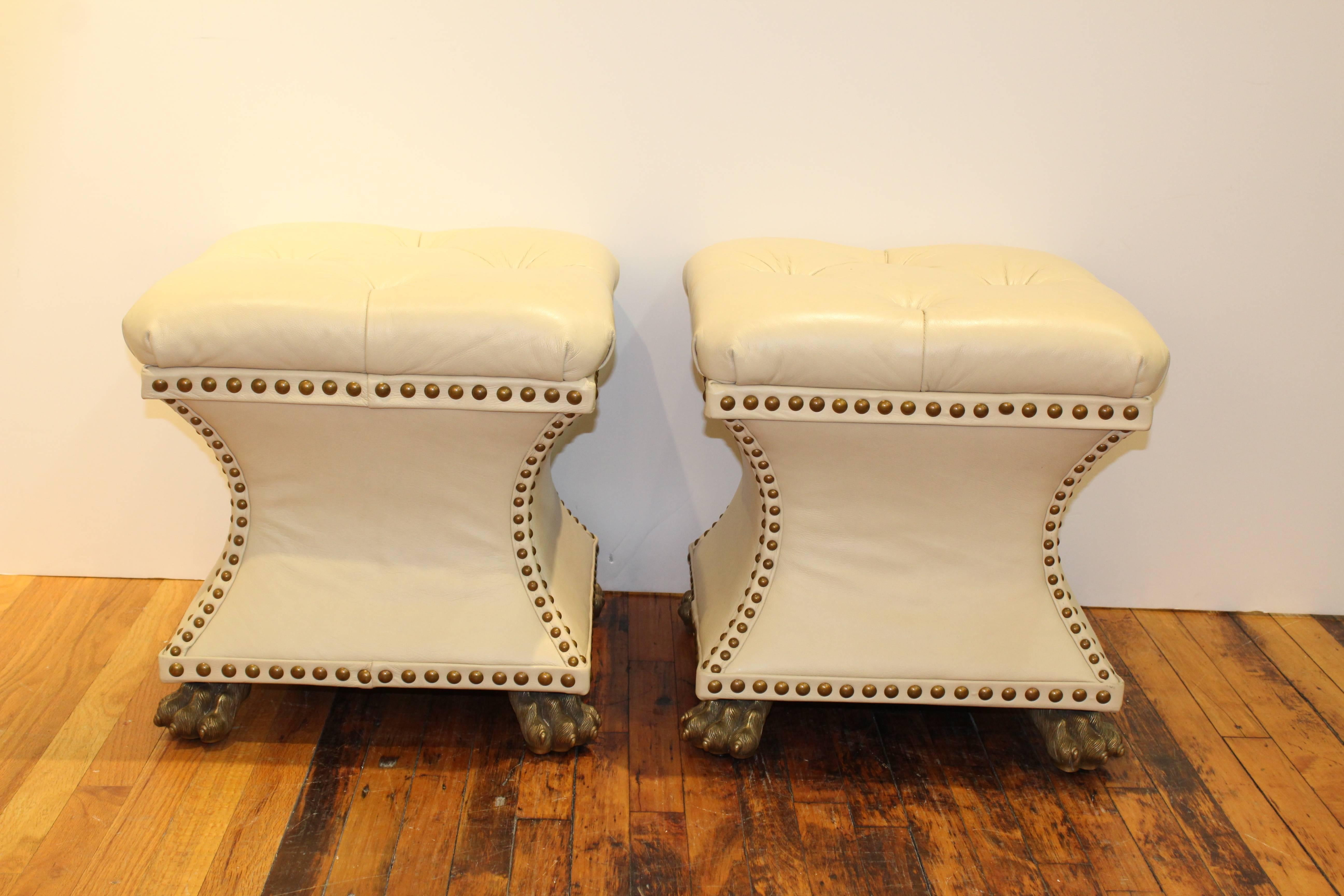 Hollywood Regency Pair of Maitland Smith Leather Benches with Brass Feet