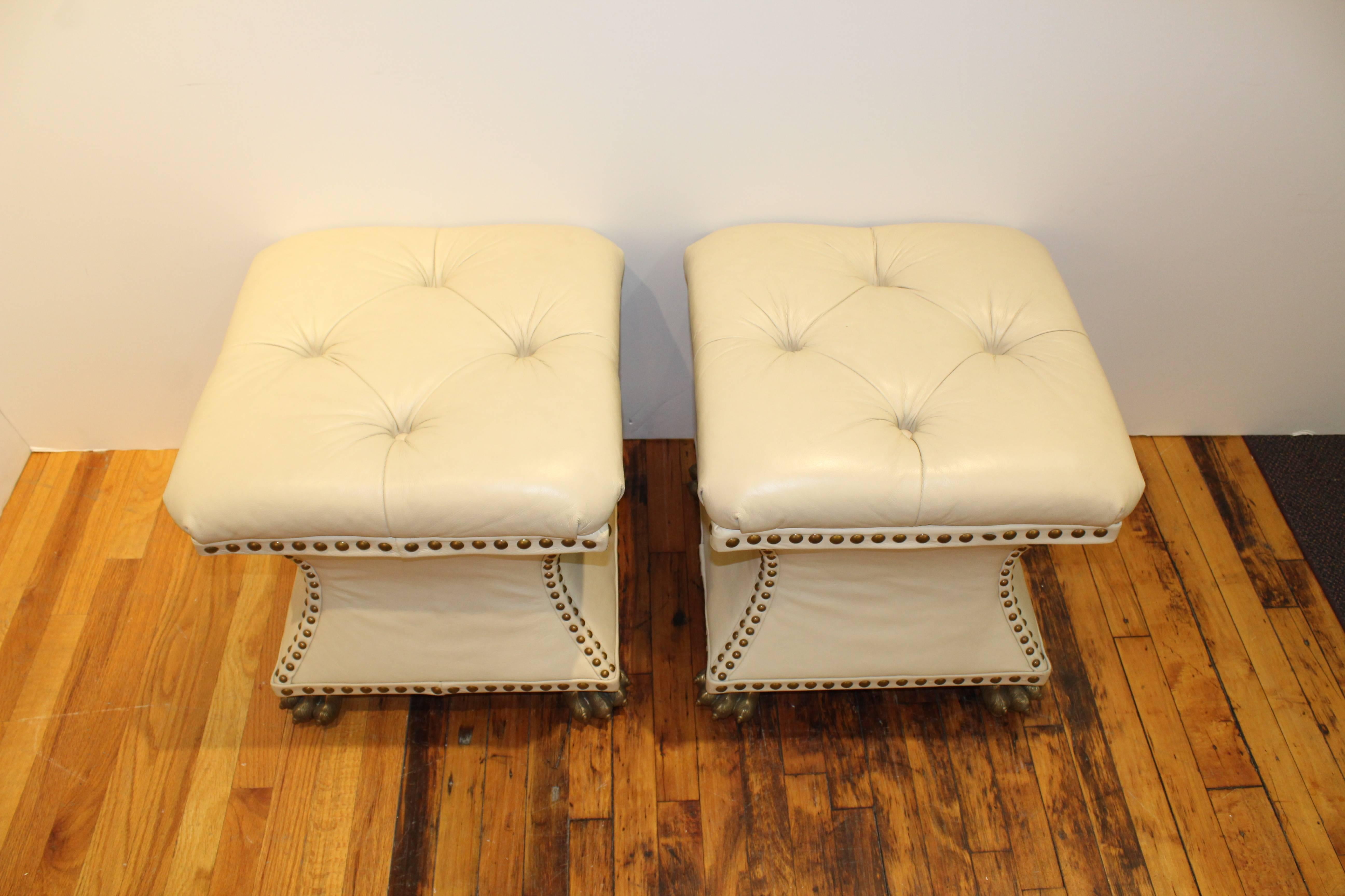 American Pair of Maitland Smith Leather Benches with Brass Feet