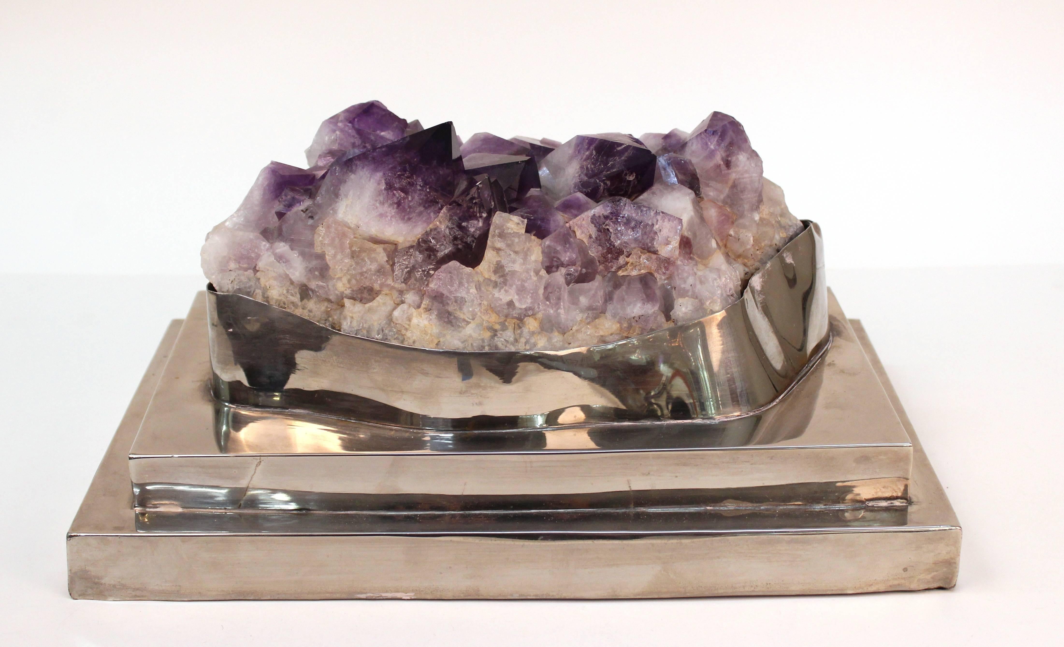 Organic Modern Amethyst Geode on Silver Plate Base