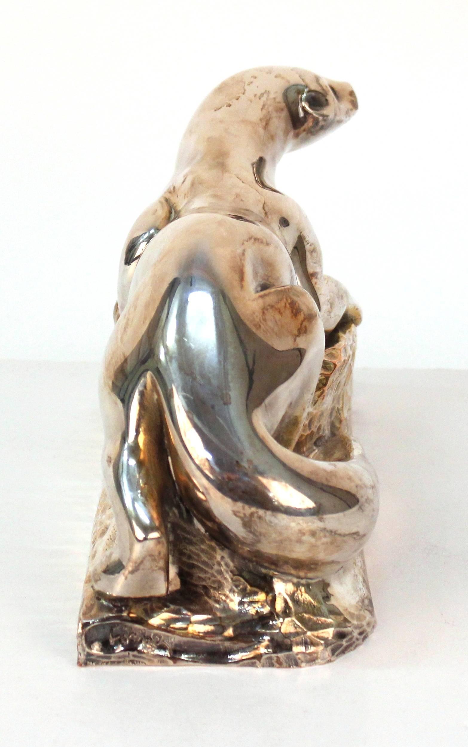 Art Deco Silver Plate Otter Sculpture, Signed In Good Condition In New York, NY