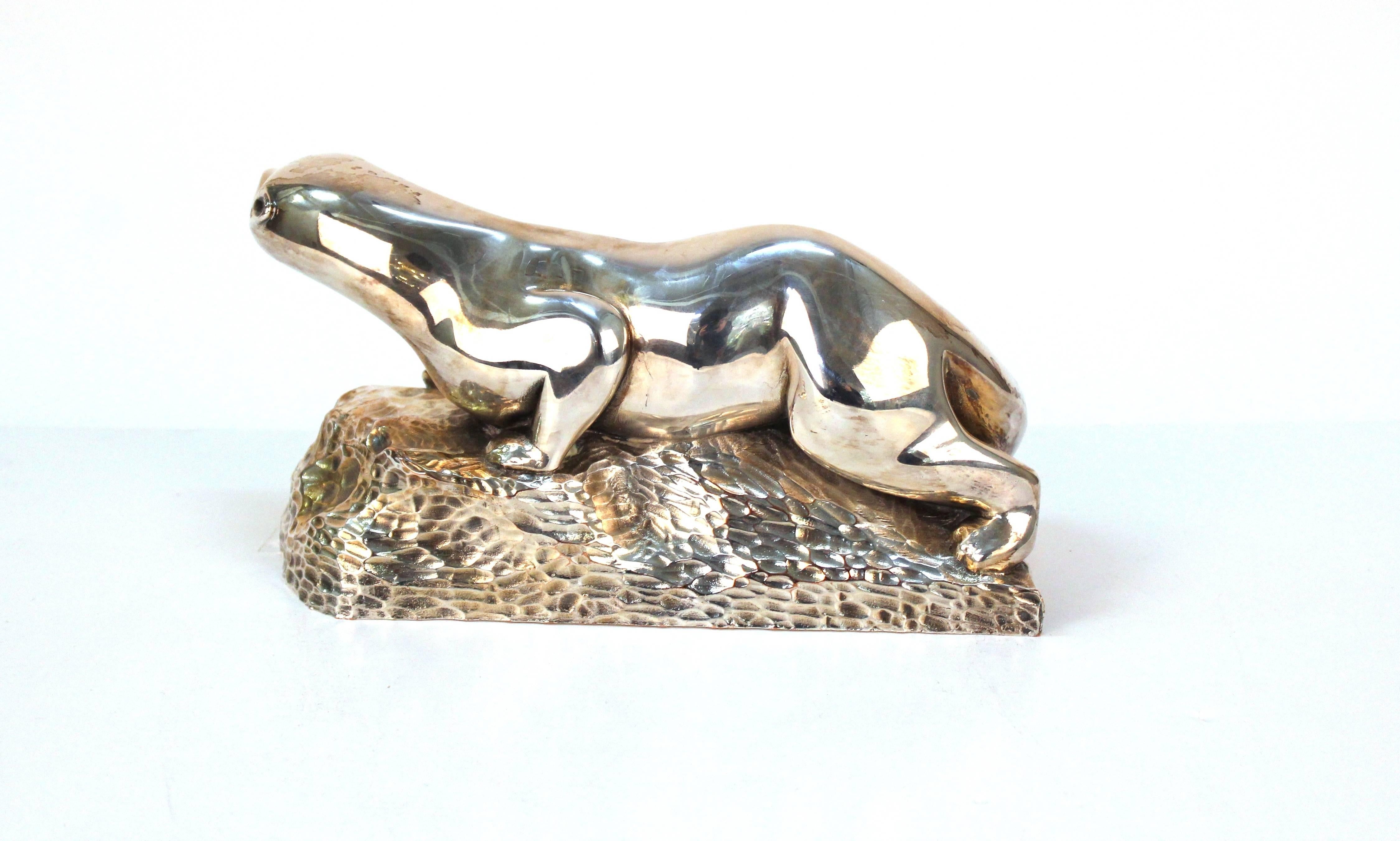 Cast Art Deco Silver Plate Otter Sculpture, Signed