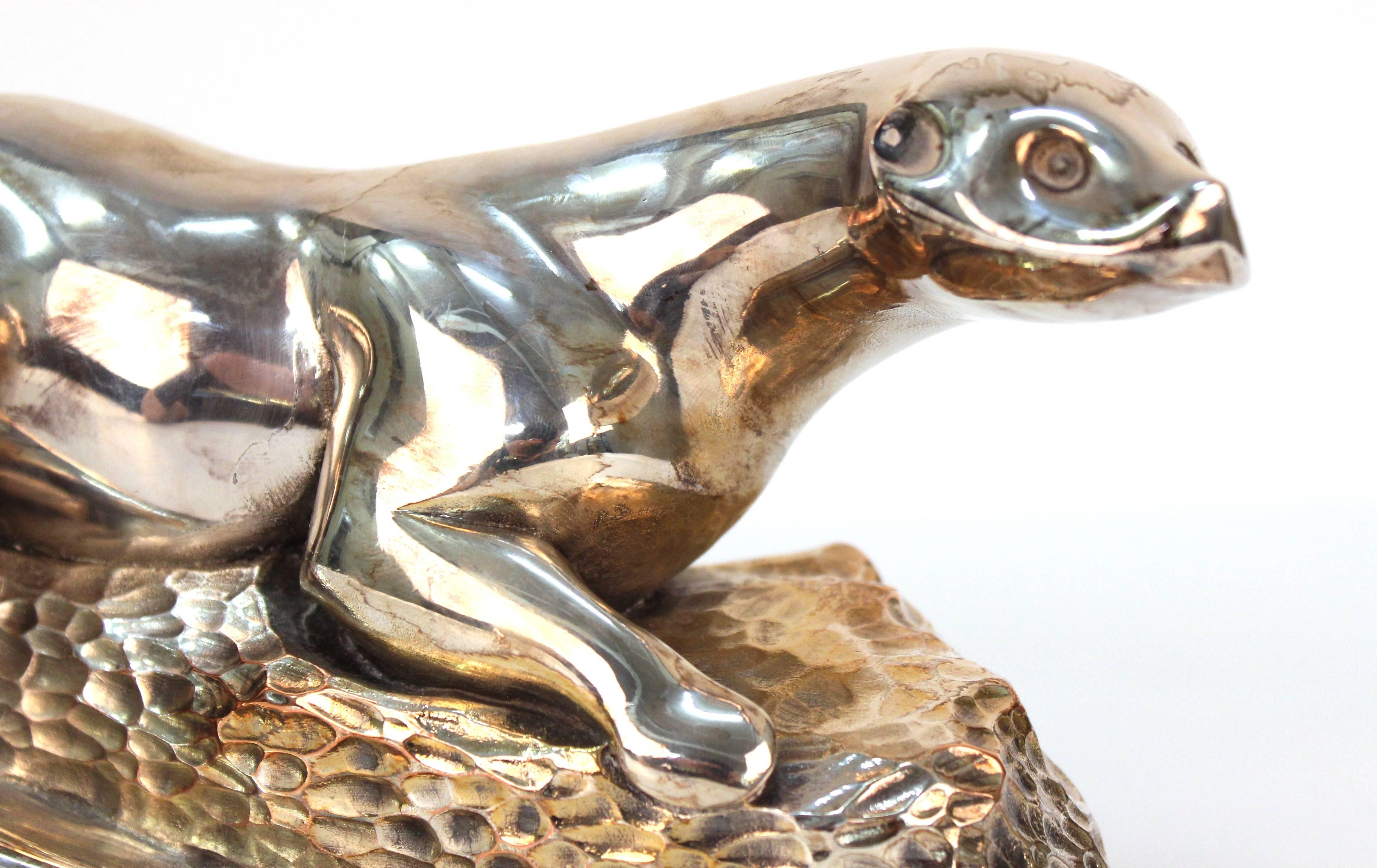 Metal Art Deco Silver Plate Otter Sculpture, Signed