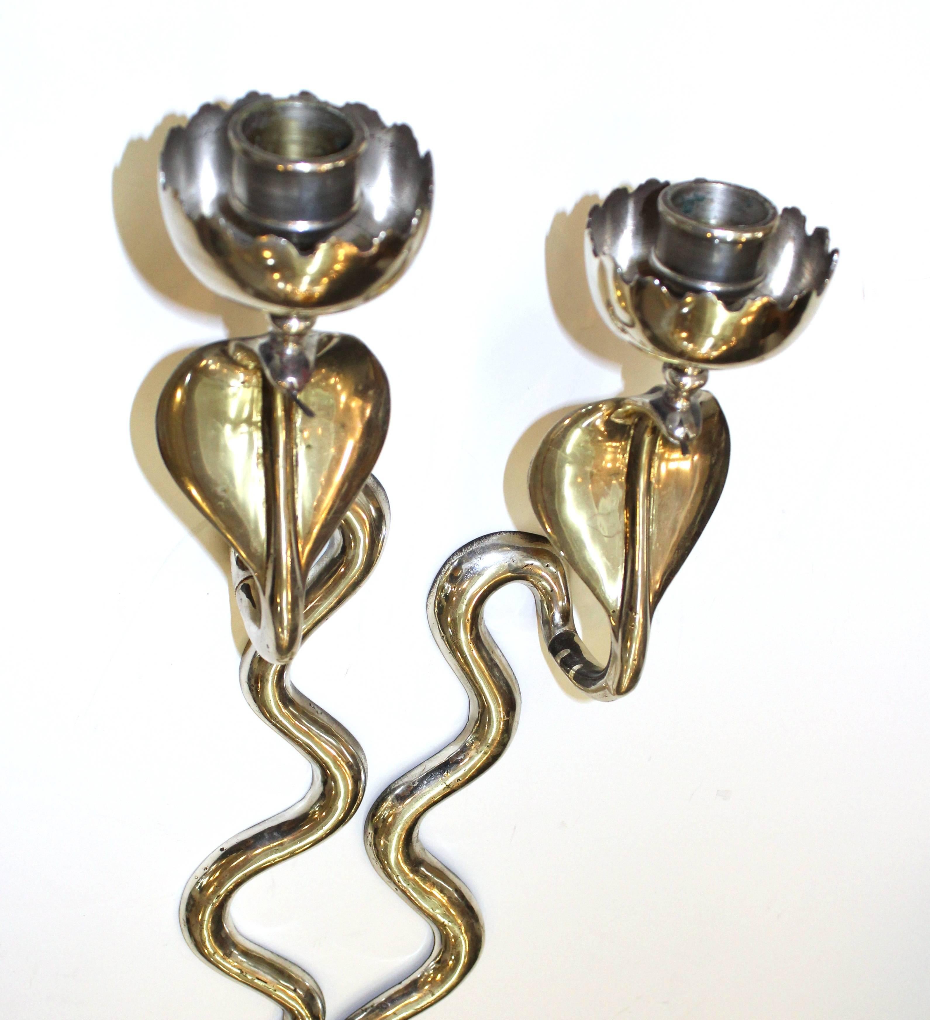 Mid-20th Century Pair of Serpentine Cobra Candle Sconces