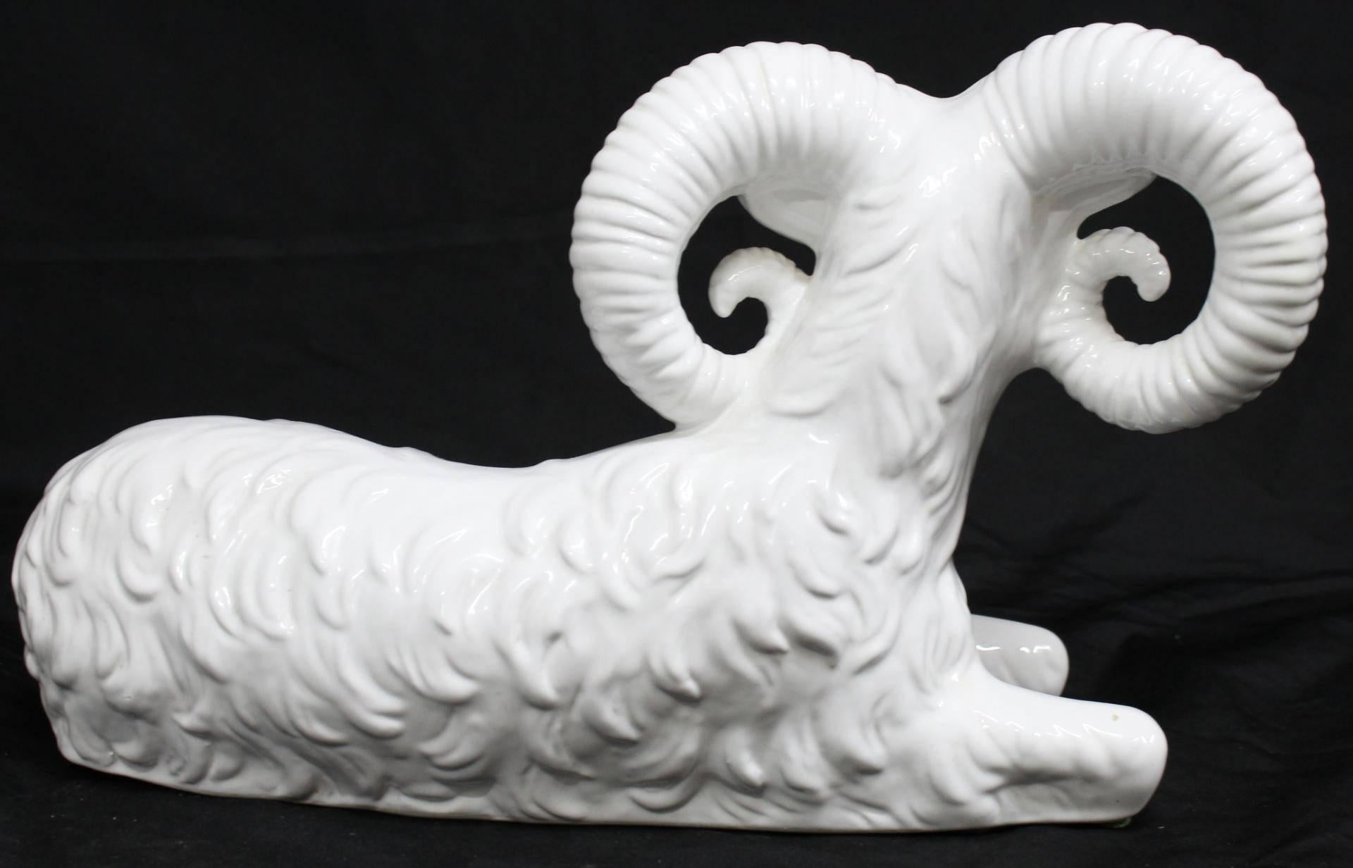 An Italian ram produced in white-glazed ceramic. Marked 