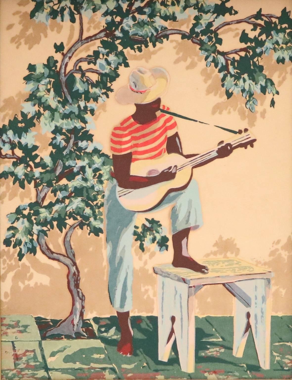 Pair of circa 1940s framed pochoir prints on paper, depicting tropical Caribbean settings featuring festively dressed African-American couple, one with a man playing the guitar the other a woman with a basket of flowers balanced on her head.