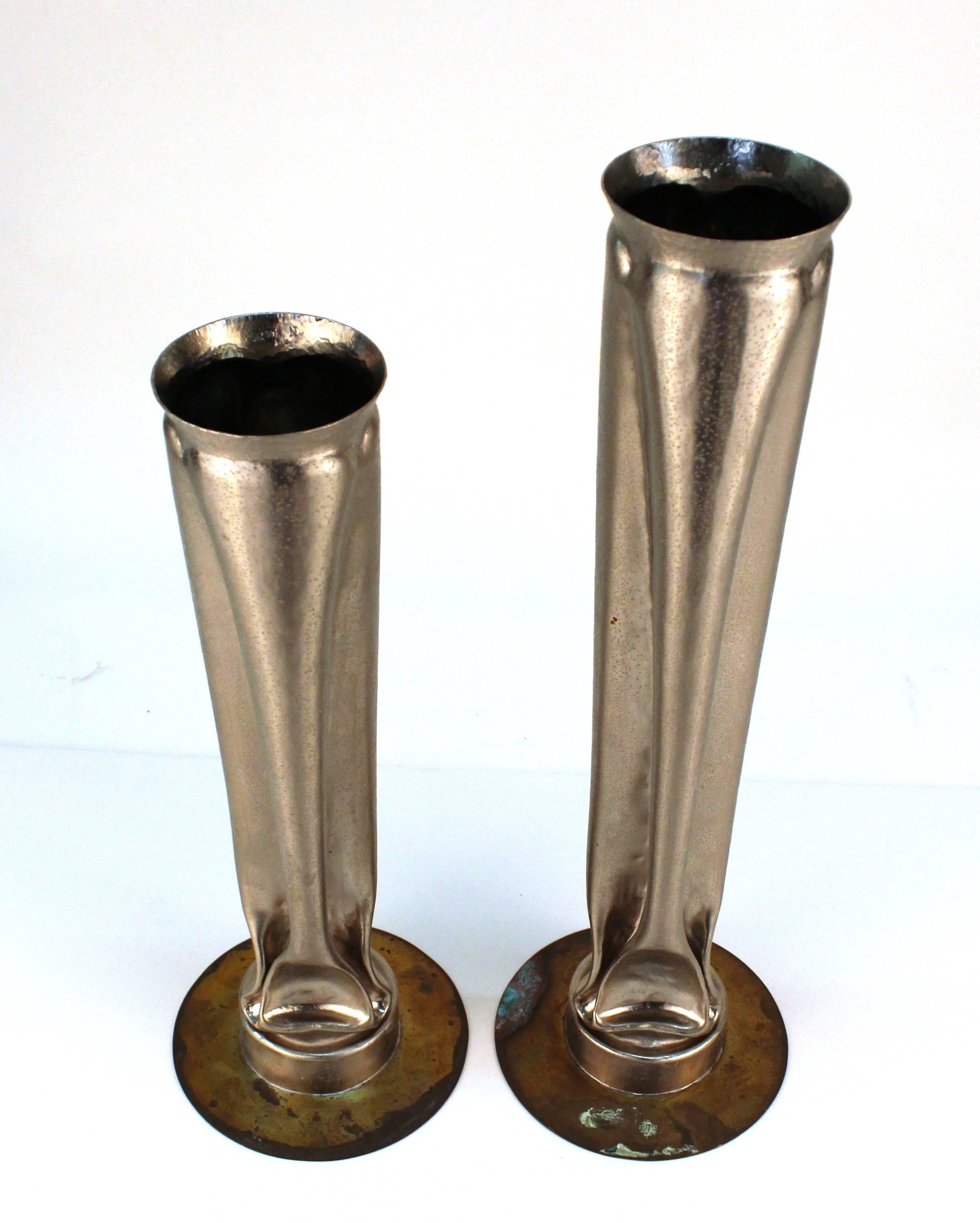 American Thomas Roy Markusen Brutalist Nickel Plate Vases, Pair