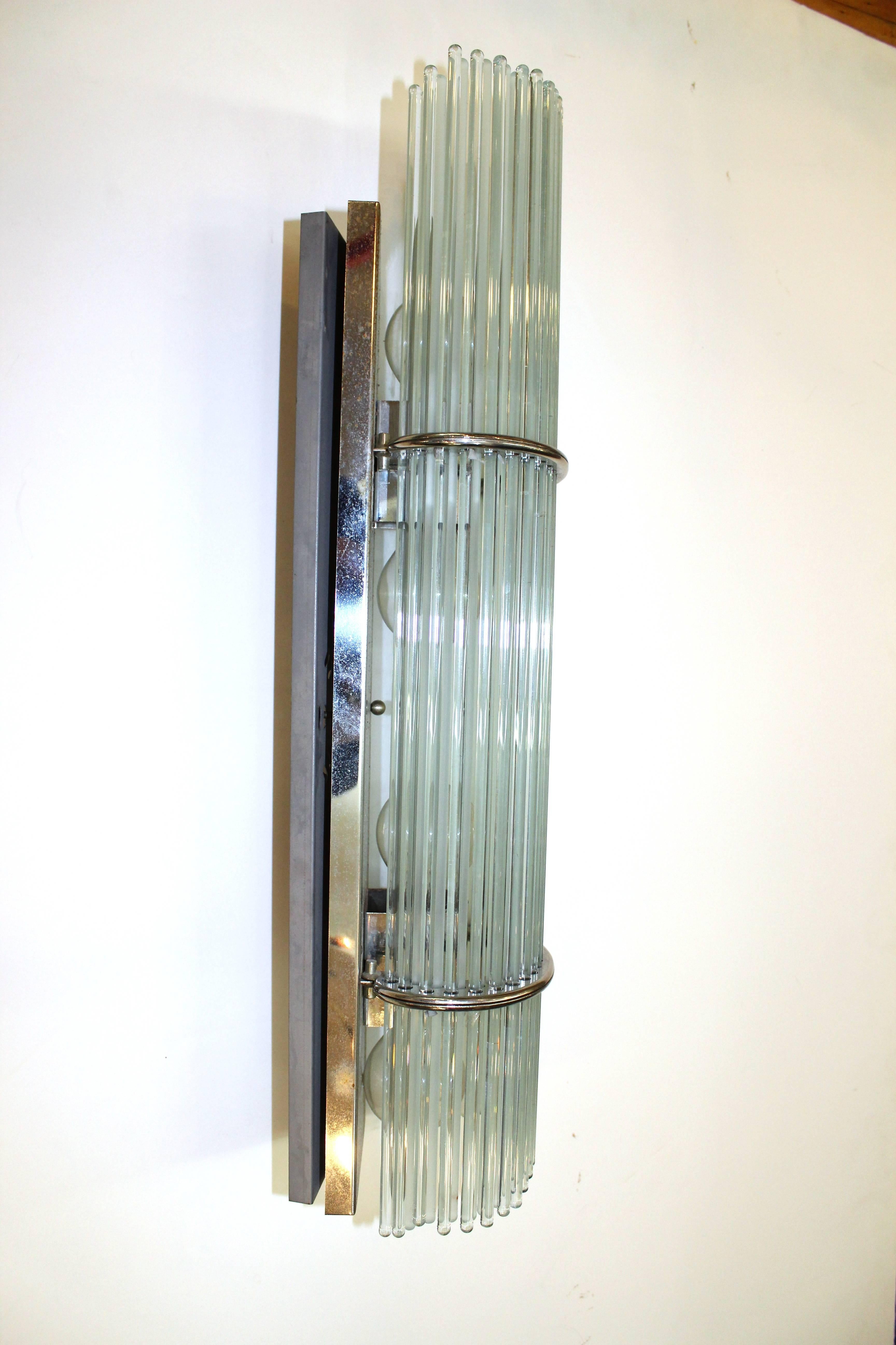 Pair of Gaetano Sciolari Italian Mid-Century Modern Glass Rod Sconces In Good Condition For Sale In New York, NY