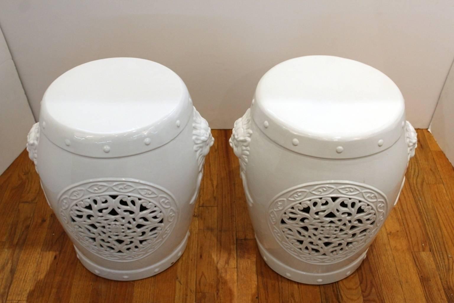 White Ceramic Garden Stool with Asian Inspired Motifs 1