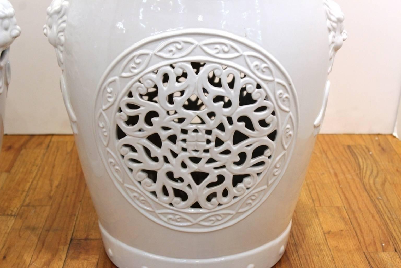20th Century White Ceramic Garden Stool with Asian Inspired Motifs