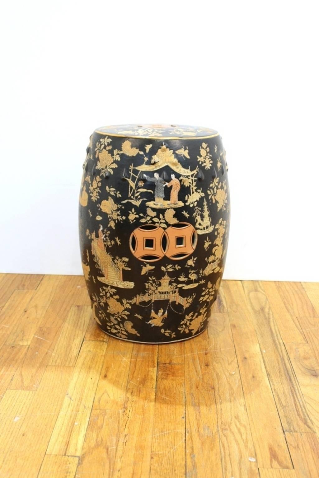 A chinoiserie garden stool in black lacquer with landscapes, medallions and Chinese characters in shades of rust and cream. In good condition with age appropriate wear. 110765.