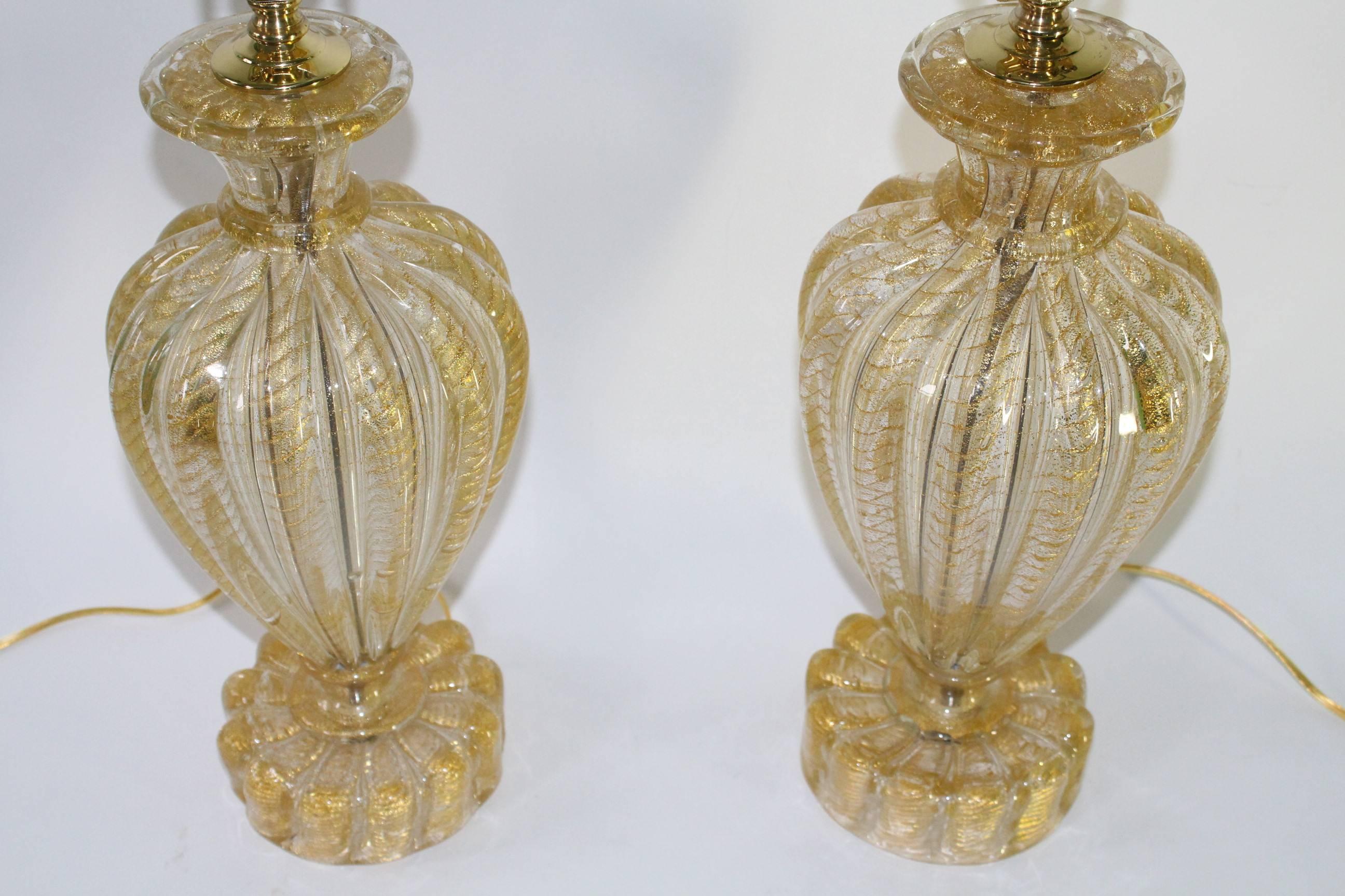 Mid-Century Modern Mid-Century Murano Italian Glass Lamps with Gold Flakes