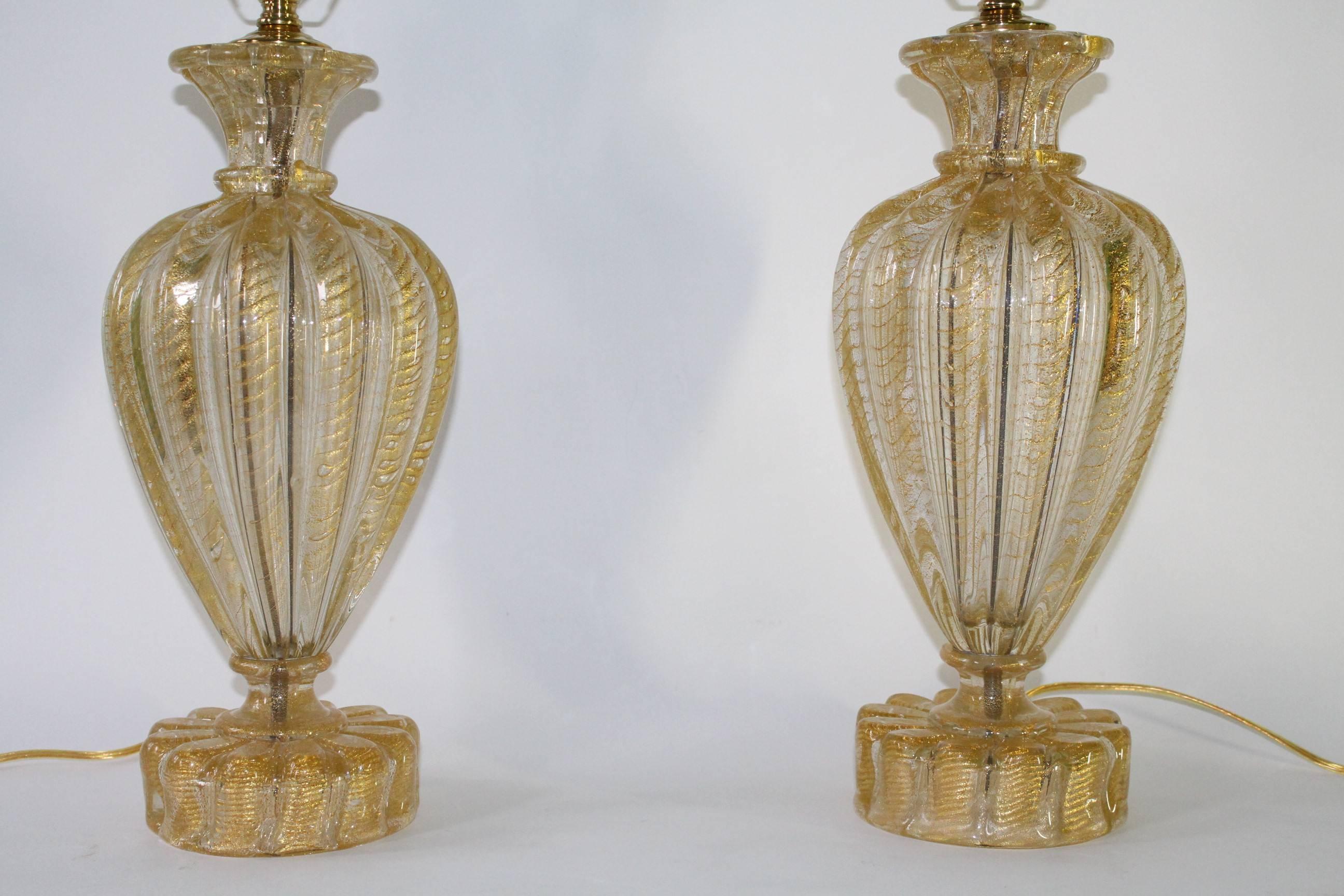 Mid-Century Murano Italian Glass Lamps with Gold Flakes In Good Condition In New York, NY