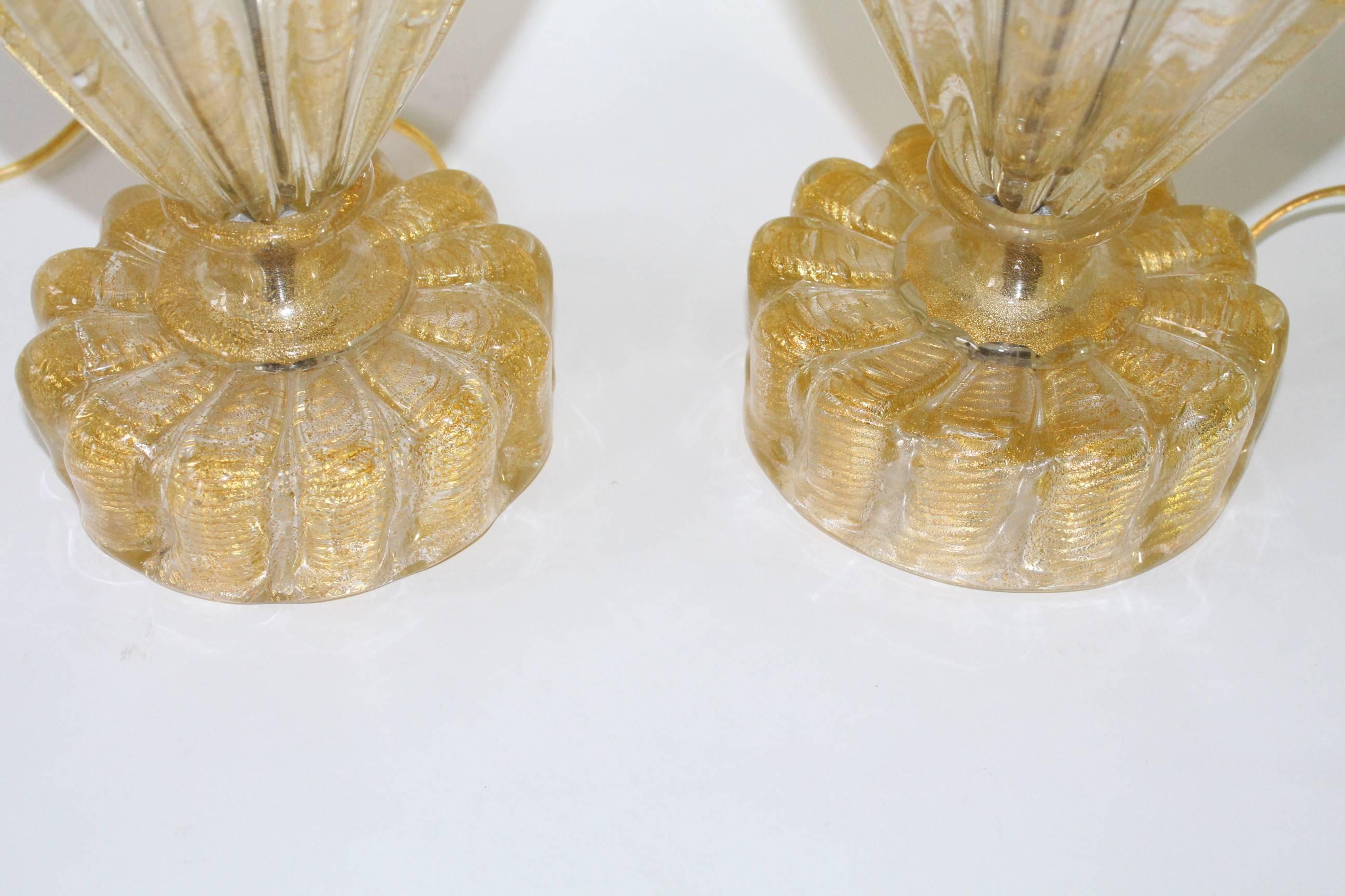Mid-Century Murano Italian Glass Lamps with Gold Flakes 2