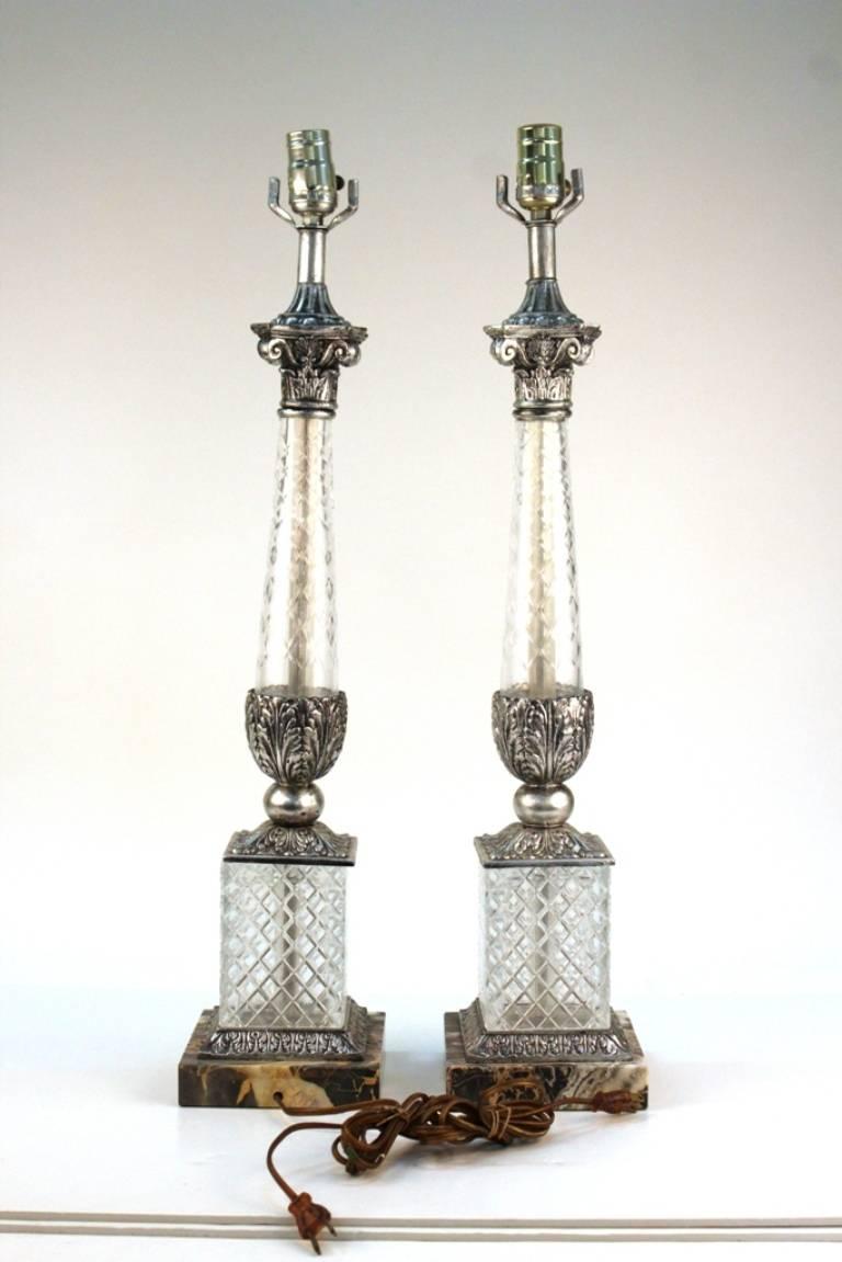 Neoclassical Pair of Glass Lamps with Corinthian Columns and Marble Base