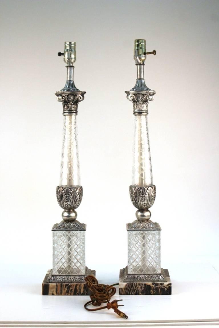 Pair of Glass Lamps with Corinthian Columns and Marble Base In Good Condition In New York, NY