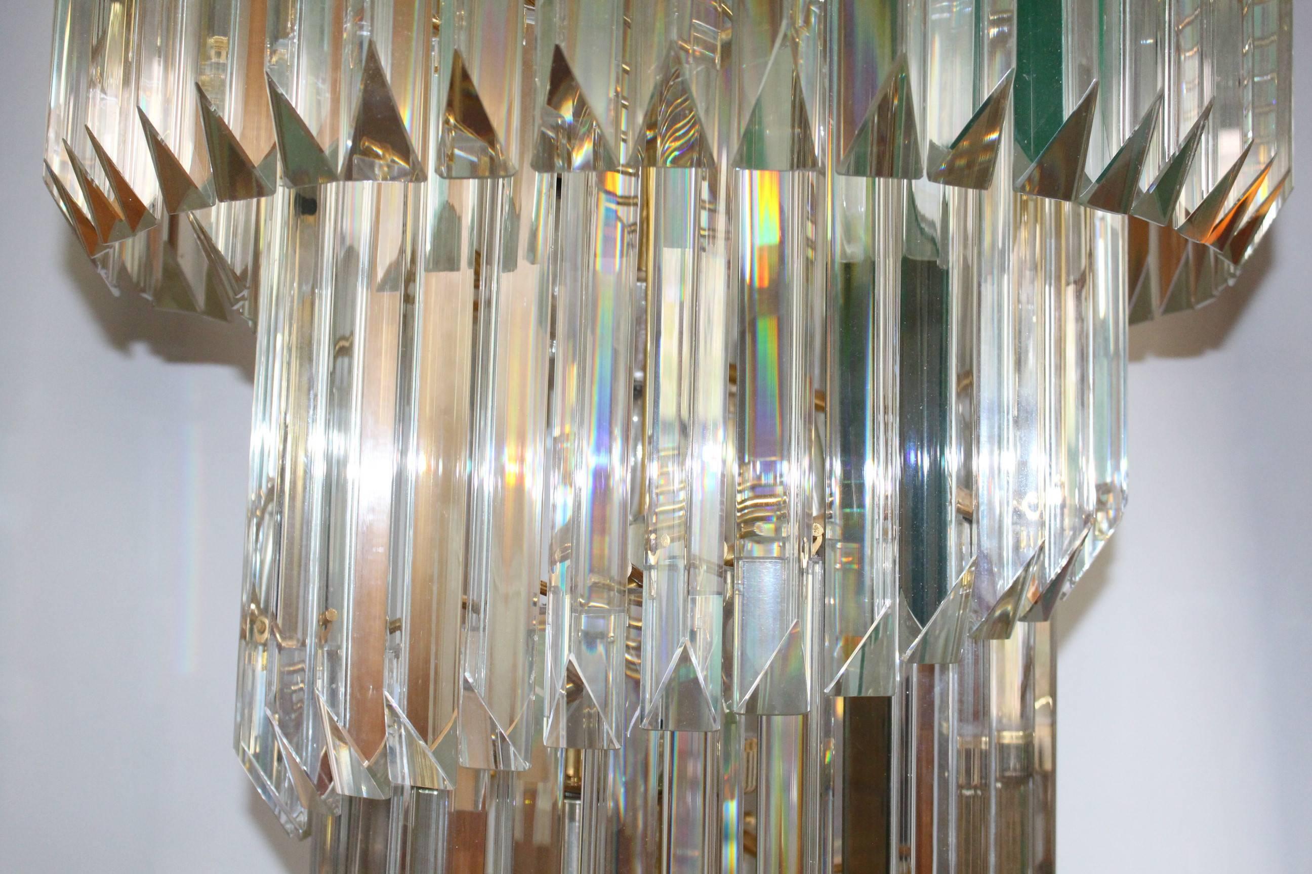 Brass Cascading Crystal Prism Chandelier