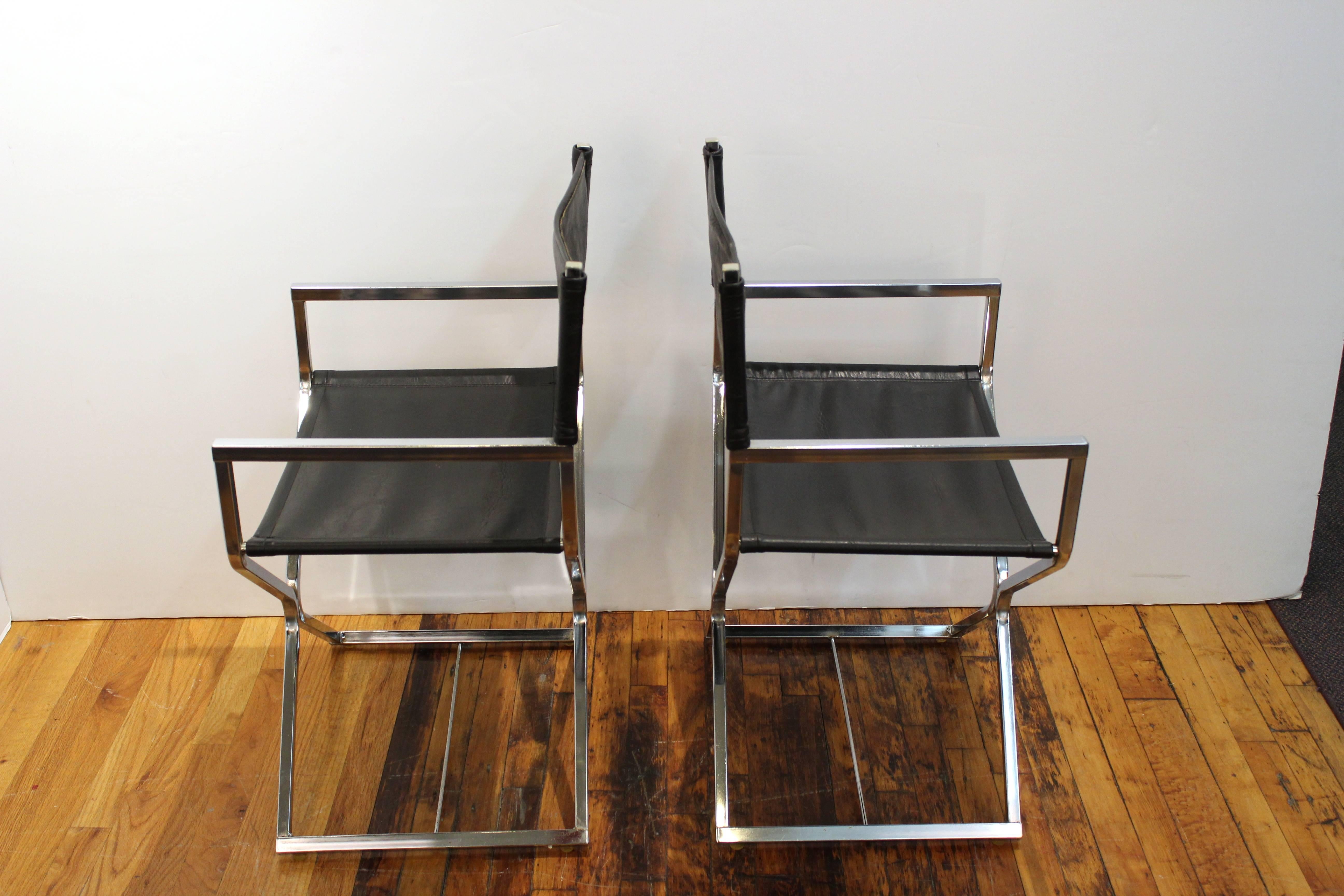 Pair of Chrome and Leather Directors Chairs In Good Condition In Astoria, NY
