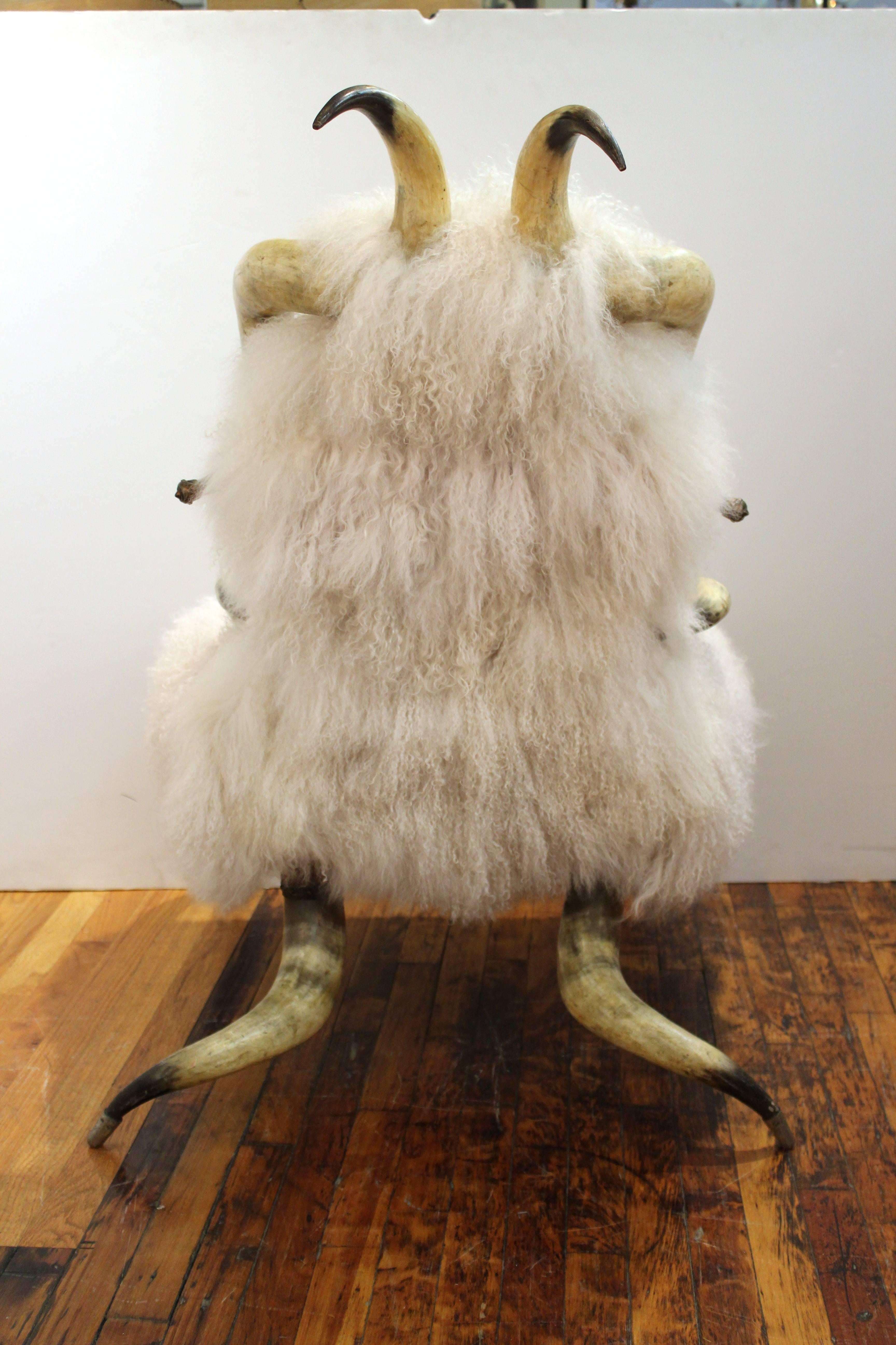 Horn Chair with Mongolian Lambs Wool Upholstery In Good Condition In Astoria, NY