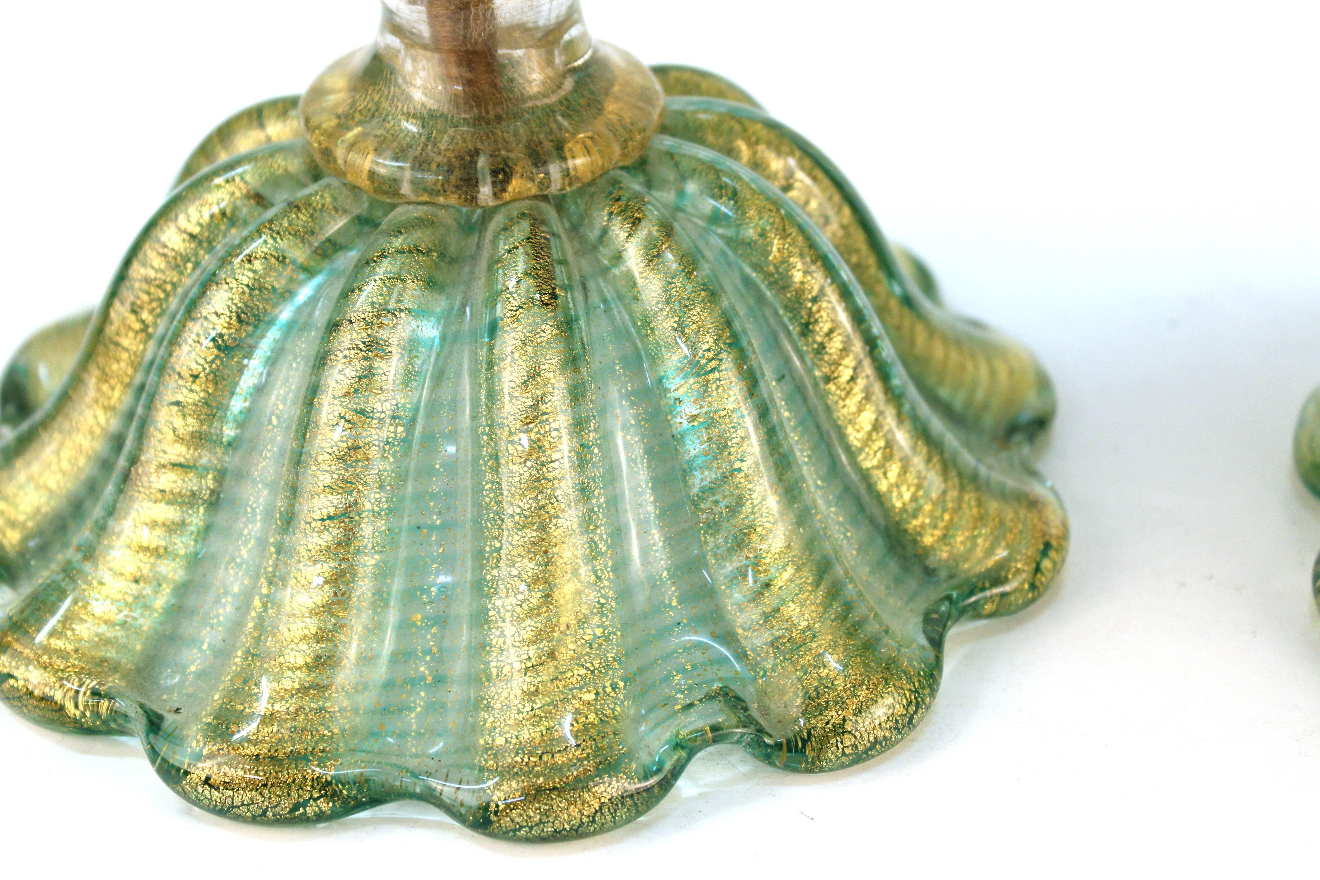 Mid-Century Pair of Turquoise Hand-Blown Barovier and Toso Lamps 2