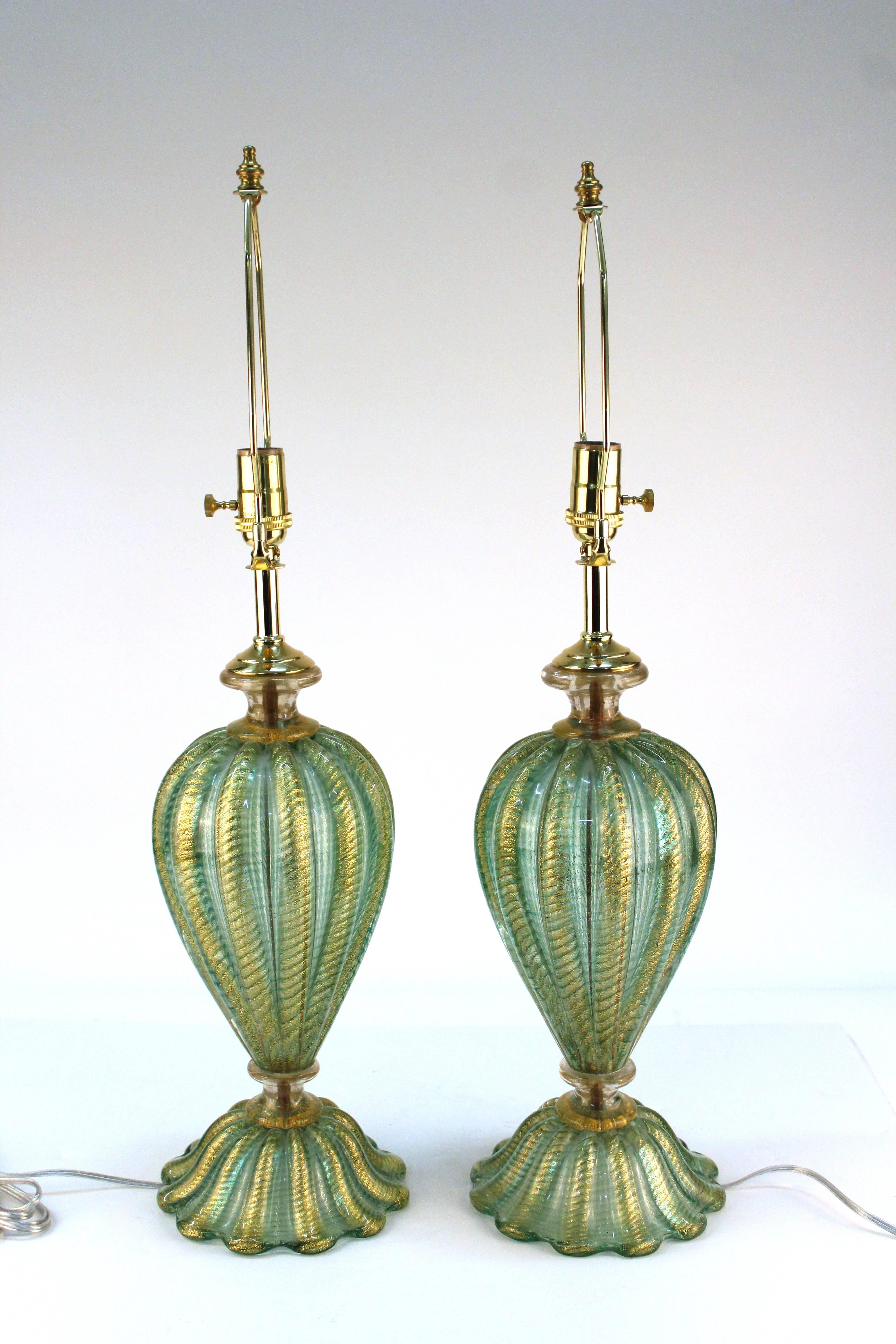 Mid-Century Modern Mid-Century Pair of Turquoise Hand-Blown Barovier and Toso Lamps