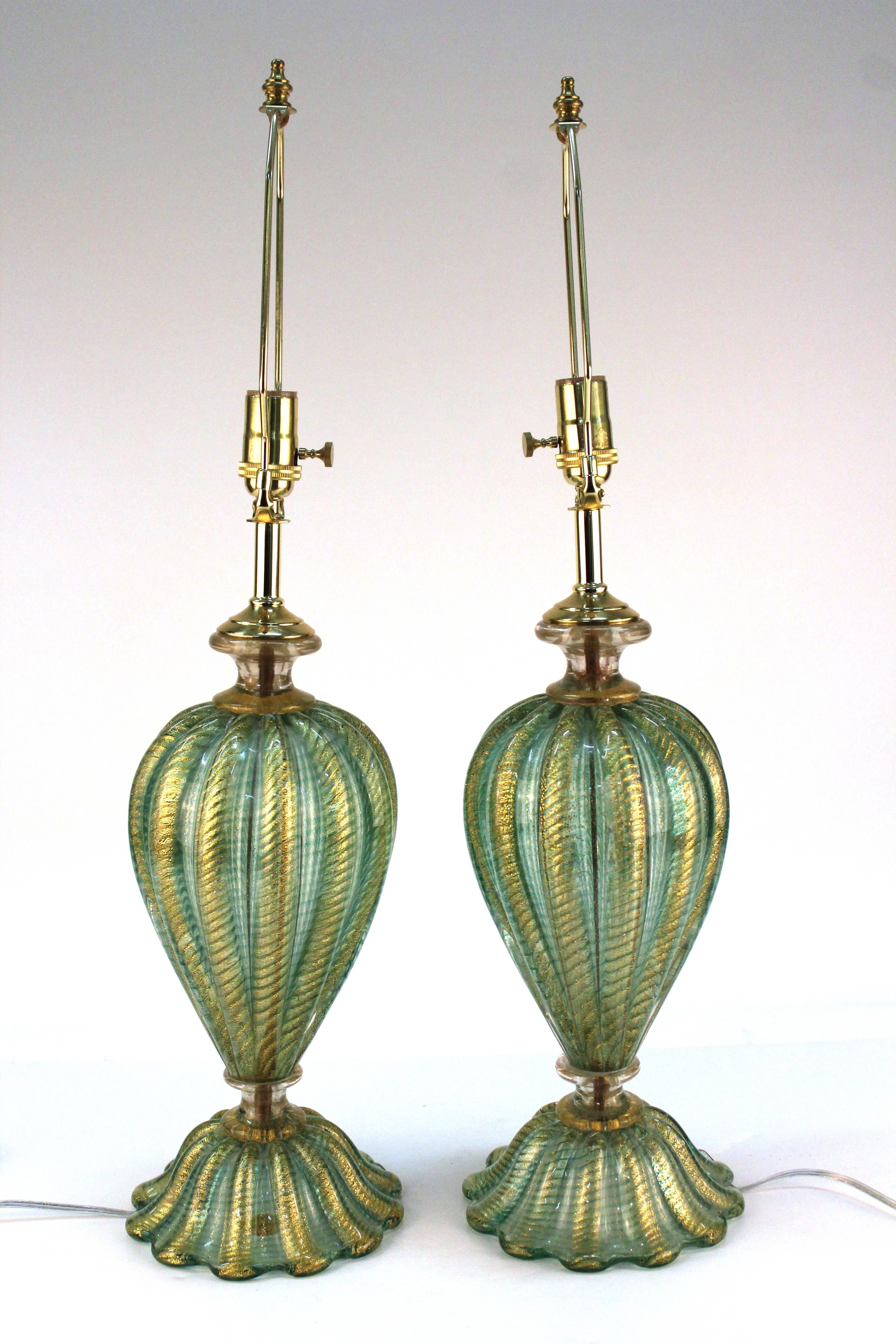 Italian Mid-Century Pair of Turquoise Hand-Blown Barovier and Toso Lamps
