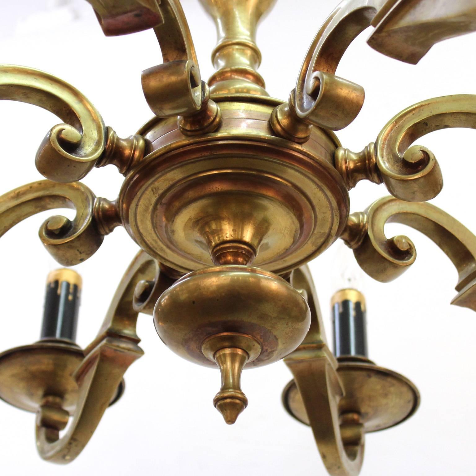 Arts & Crafts Heavy Eight-Arm Brass Chandelier In Excellent Condition In New York, NY