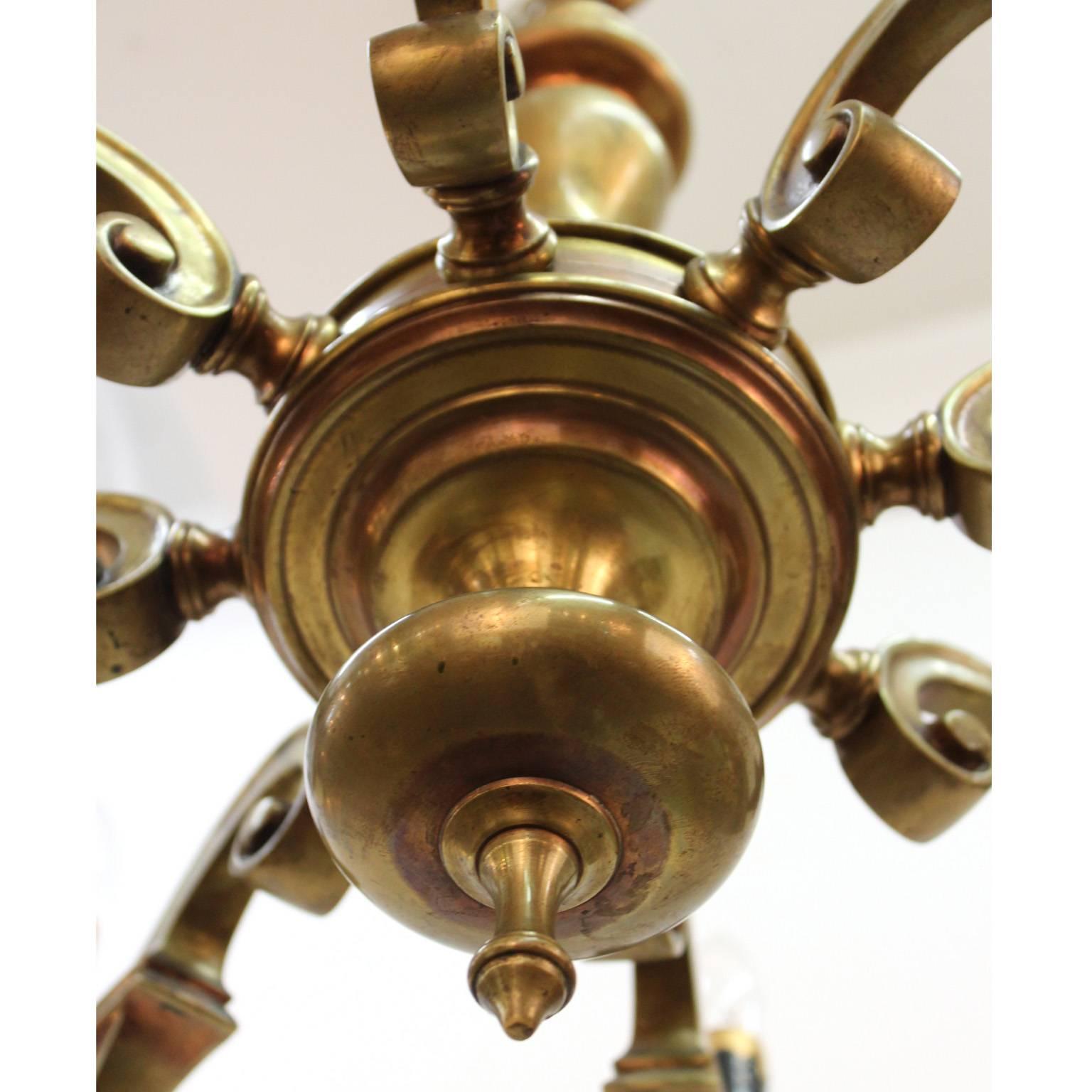 Arts & Crafts Heavy Eight-Arm Brass Chandelier 1